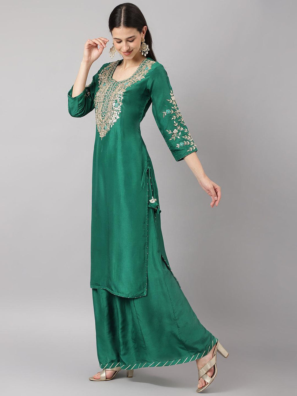 Divena Green uppada silk Hand embroidery Kurta Sharara with Organza dupatta