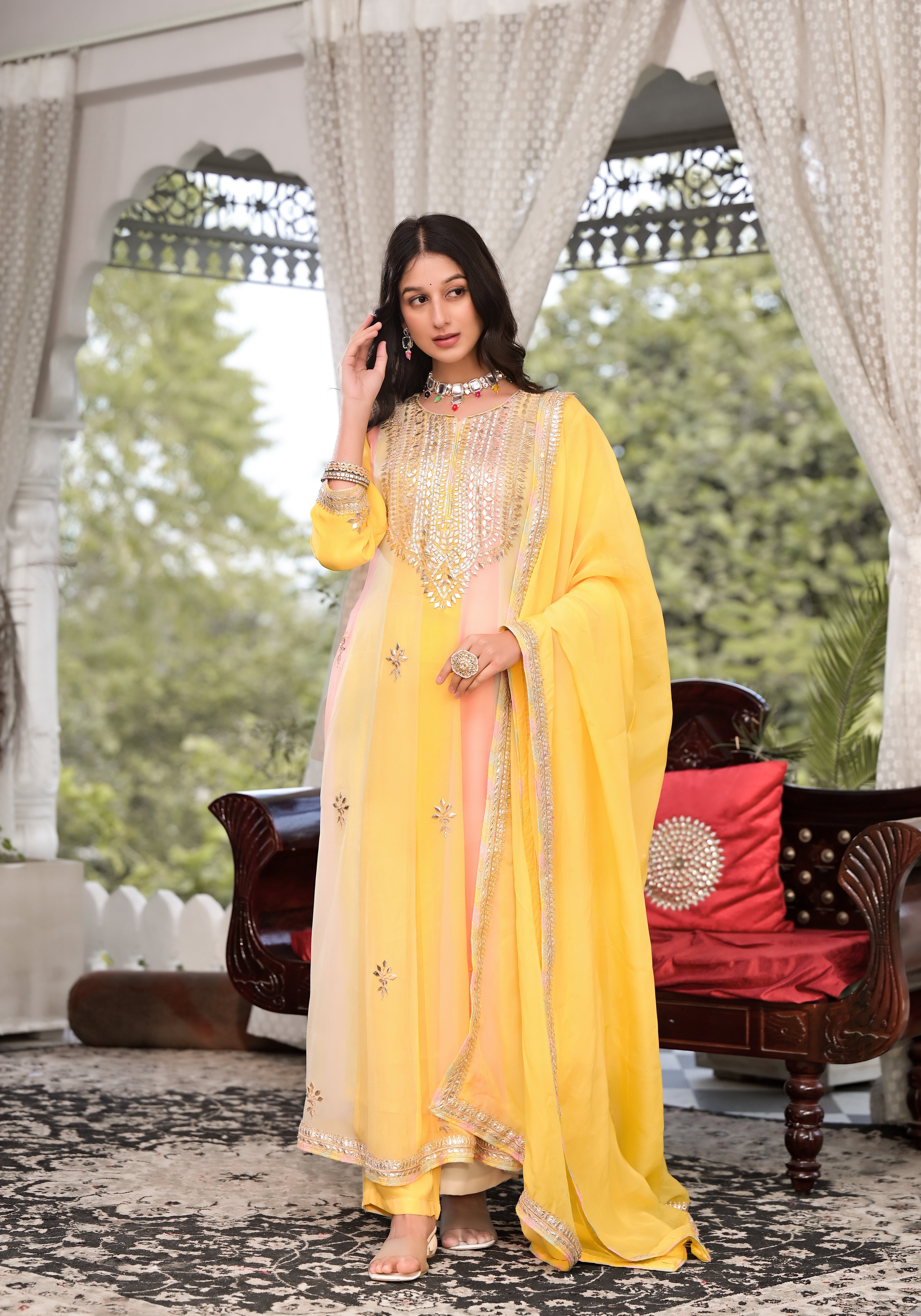 Divena Yellow Gota Patti Embroidered Banarsi Georgette Kurta Set with Organza Dupatta