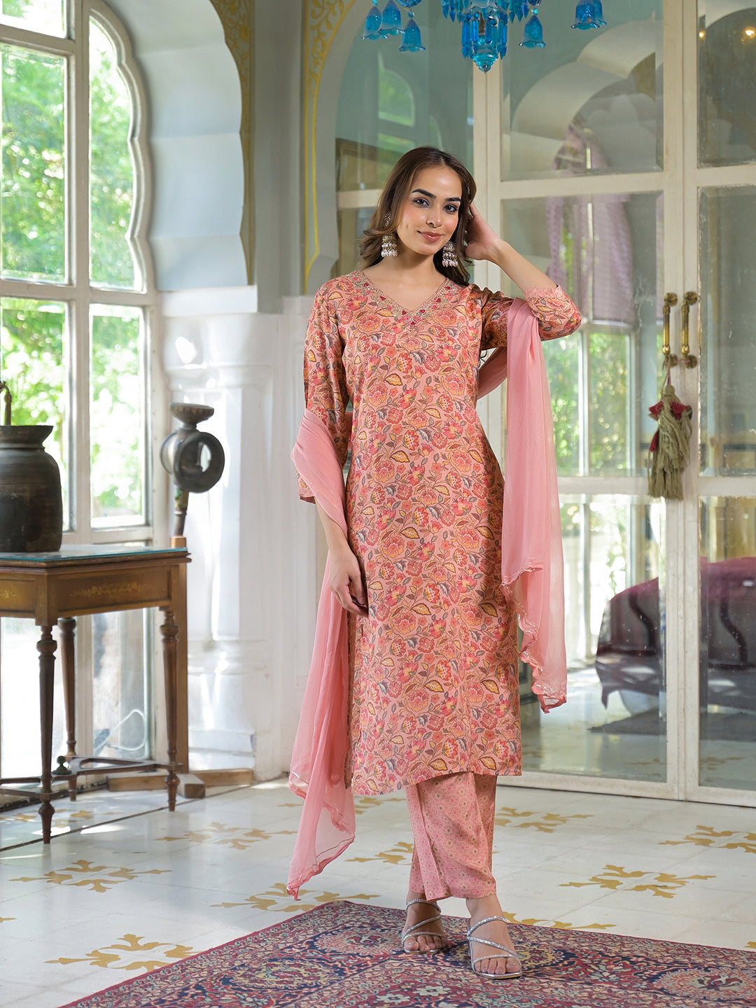 Divena Peach Floral Print Muslin Embroidred Kurta Trouser with Dupatta