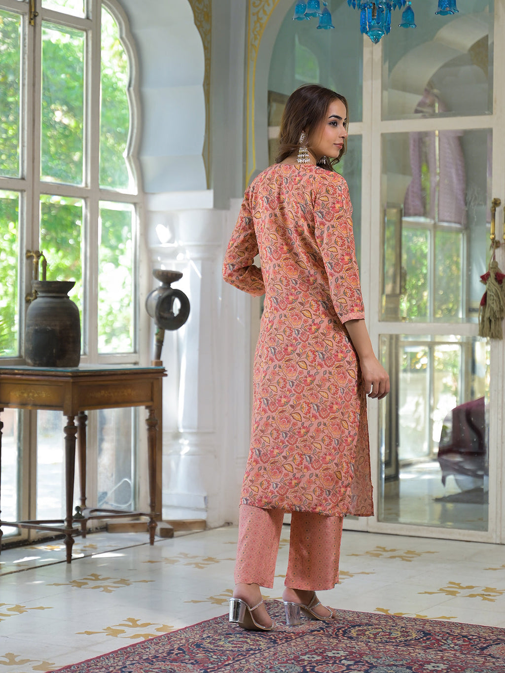 Divena Peach Floral Print Muslin Embroidred Kurta Trouser with Dupatta