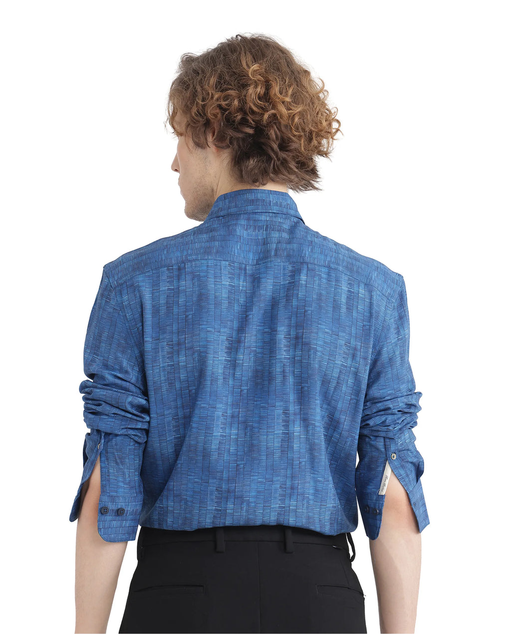Rare Rabbit Men's Doma Blue Viscose Geometric Print Regular Fit Full Sleeve Collared Shirt