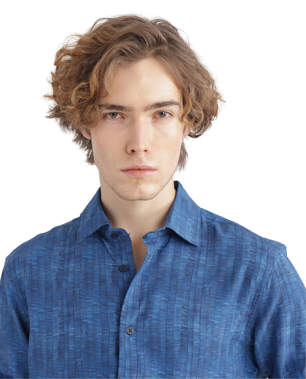 Rare Rabbit Men's Doma Blue Viscose Geometric Print Regular Fit Full Sleeve Collared Shirt