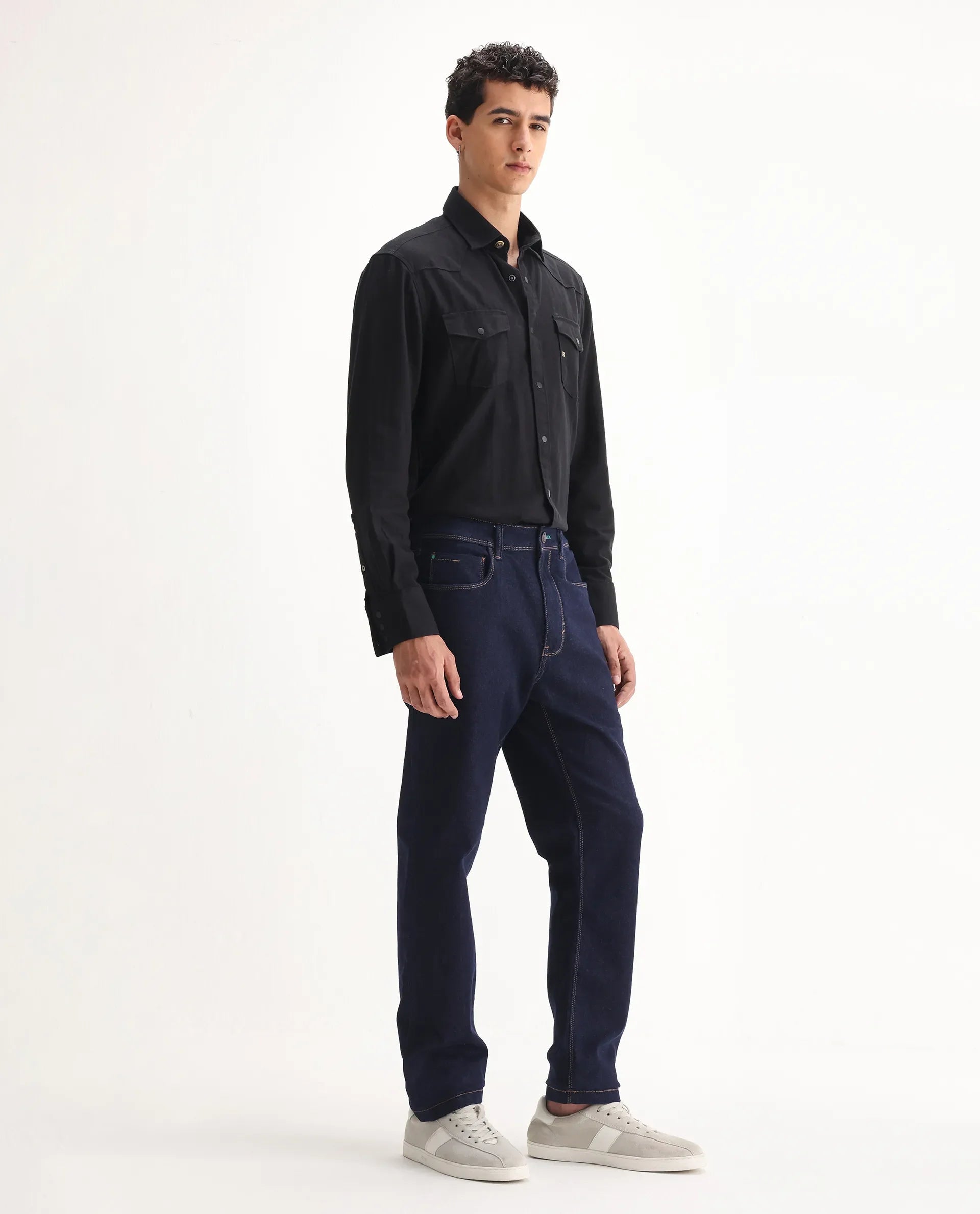 Rare Rabbit Men's Doros Navy Cotton Blend Plain Morris Regular Fit Jeans