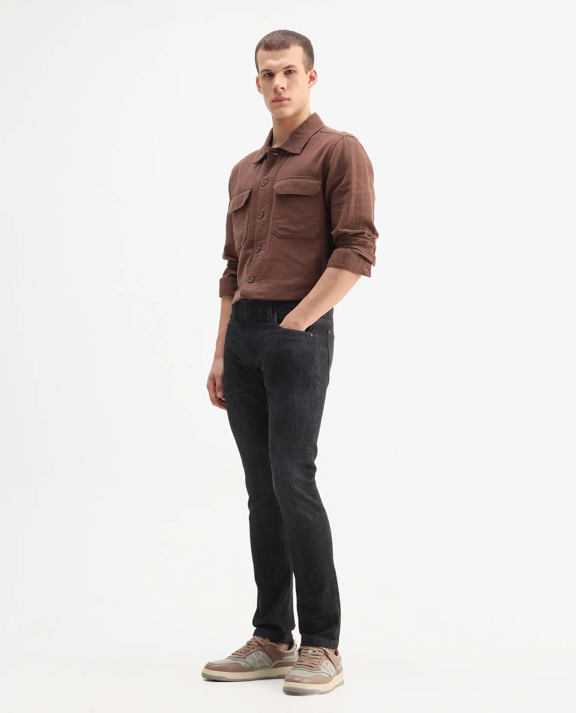 Rare Rabbit Mens Dove Black Cotton Polyester Solid Skinny Fit Jeans