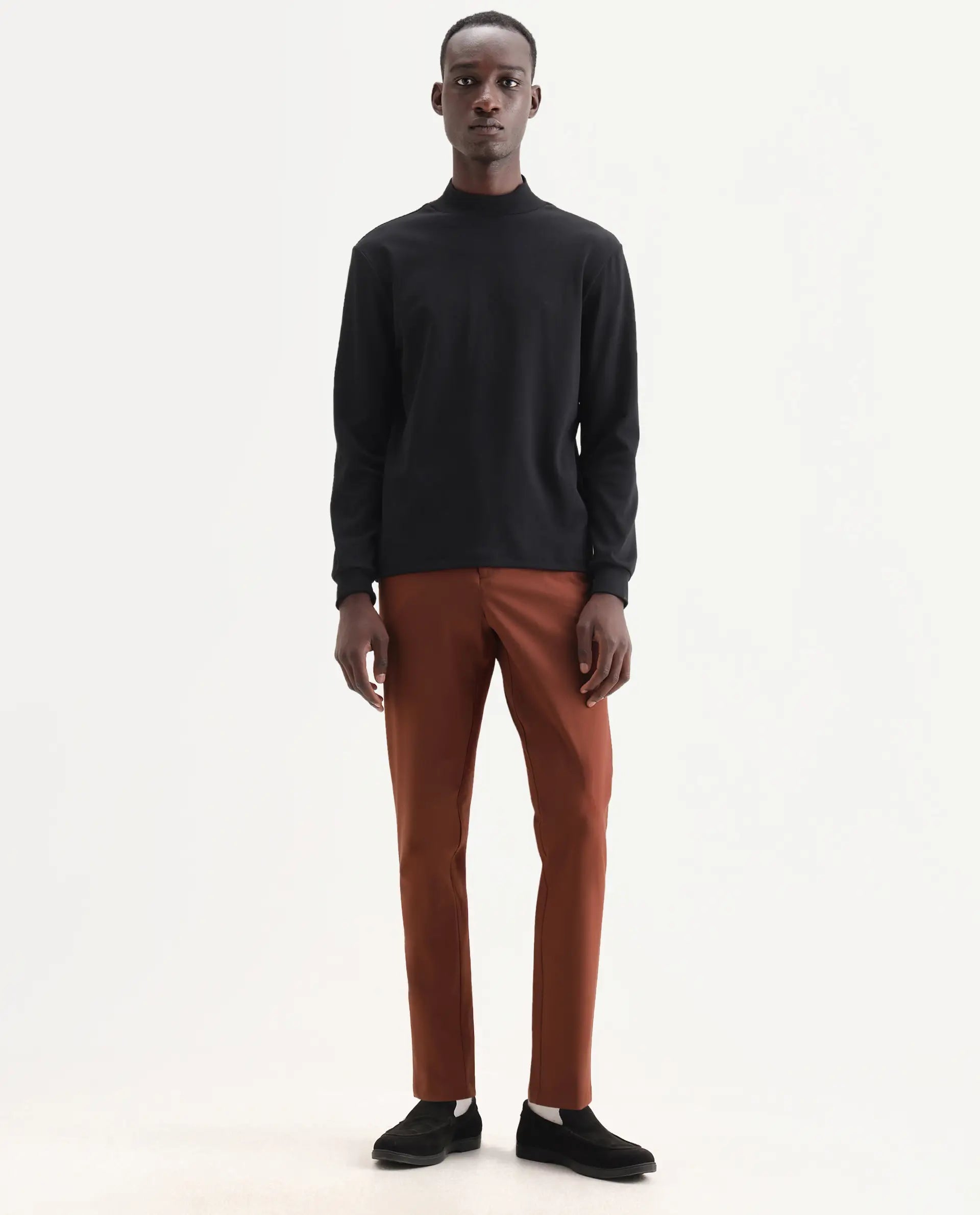 Rare Rabbit Men's Drivers Dark Rust Polyester Blend Plain Regular Fit Trouser