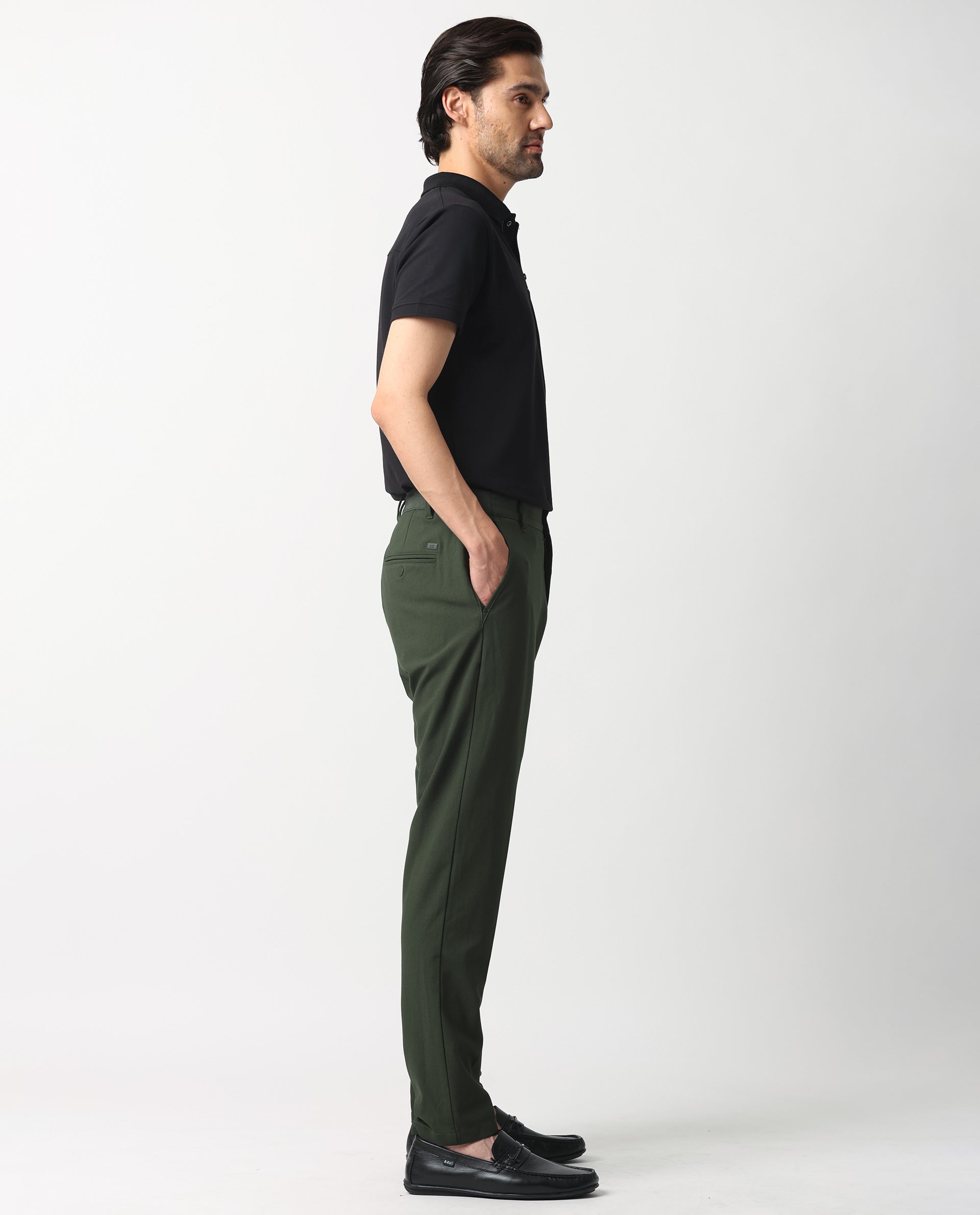 Rare Rabbit Men's Drivers Olive Polyester Blend Plain Regular Fit Trouser