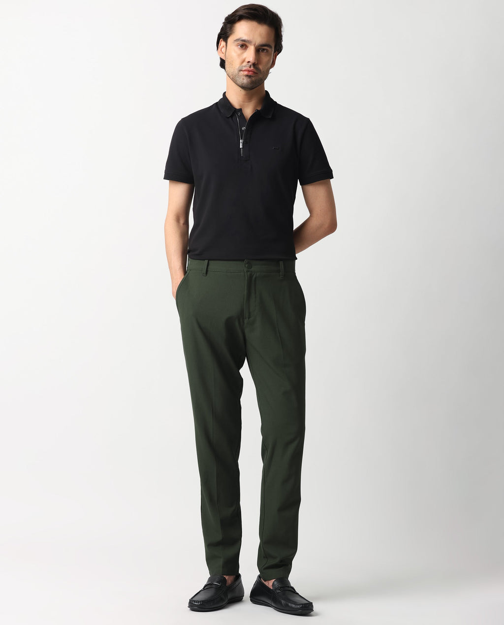 Rare Rabbit Men's Drivers Olive Polyester Blend Plain Regular Fit Trouser
