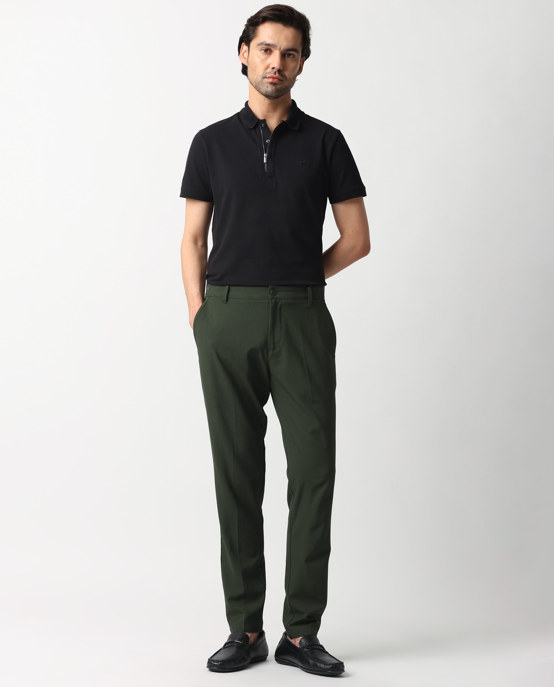 Rare Rabbit Men's Drivers Olive Polyester Blend Plain Regular Fit Trouser