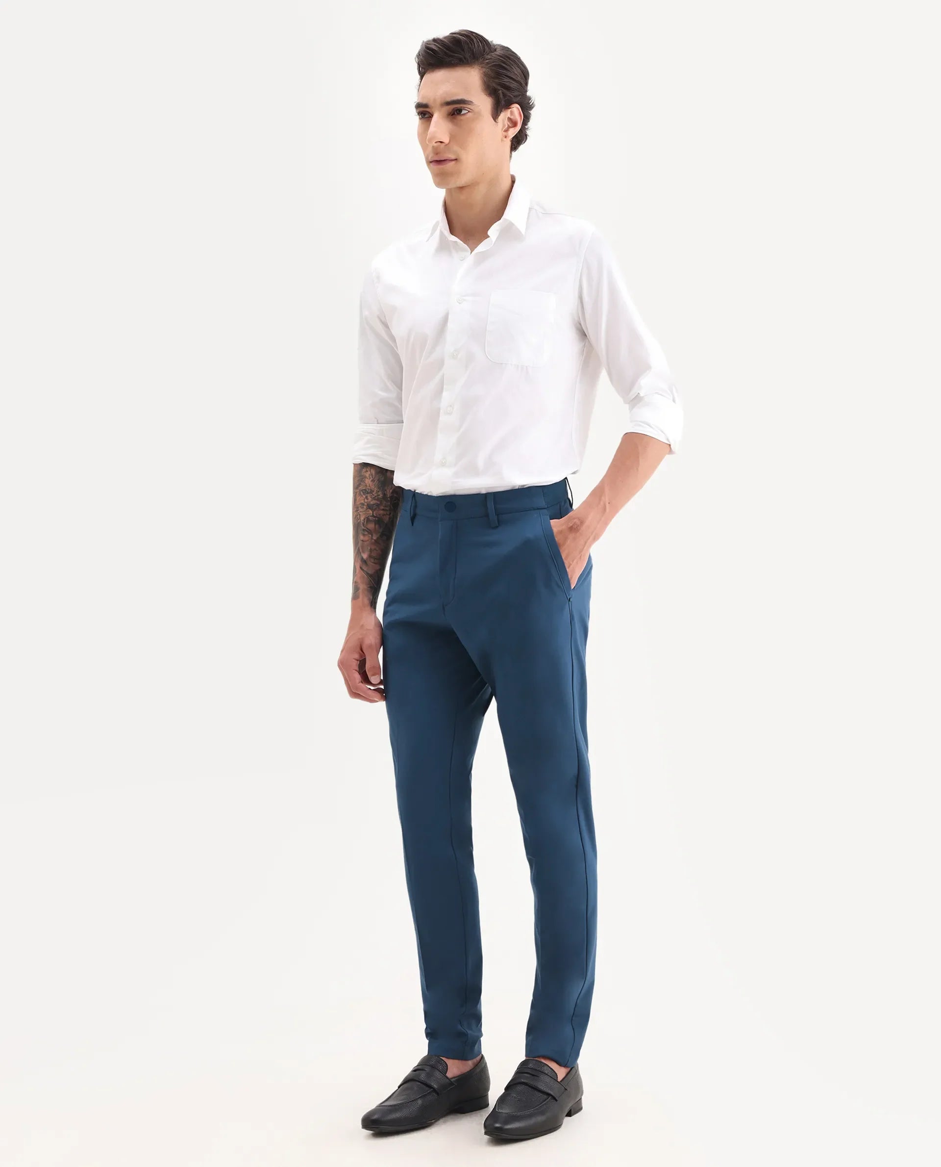 Rare Rabbit Men's Drivers Dark Blue Polyester Blend Plain Regular Fit Trouser