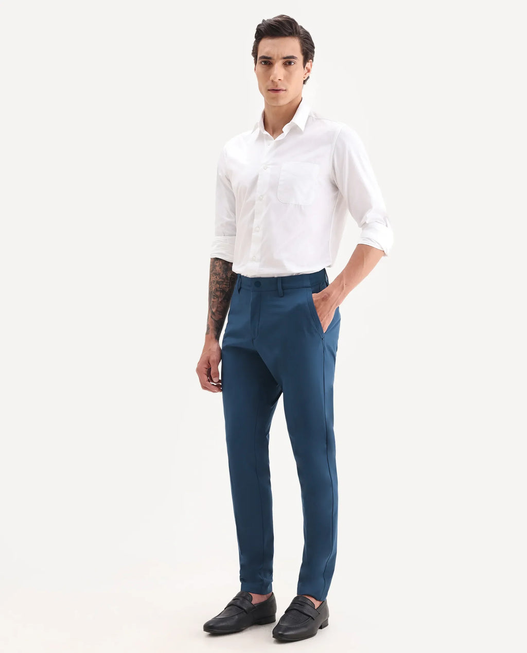Rare Rabbit Men's Drivers Dark Blue Polyester Blend Plain Regular Fit Trouser
