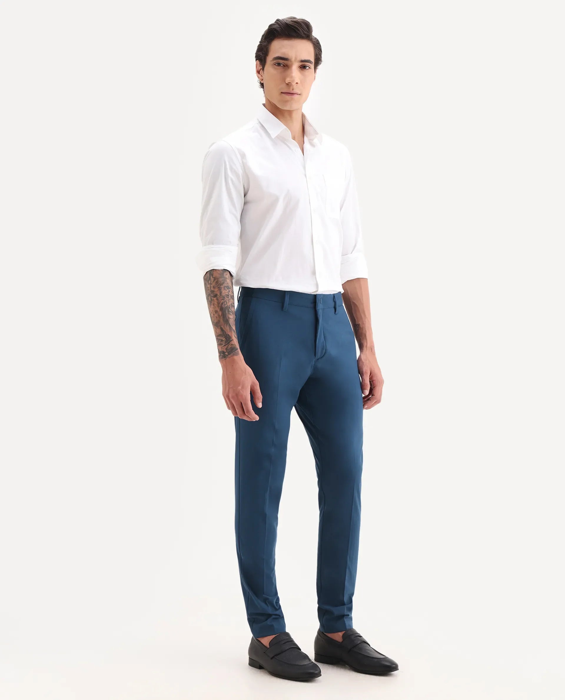 Rare Rabbit Men's Drivers Dark Blue Polyester Blend Plain Regular Fit Trouser