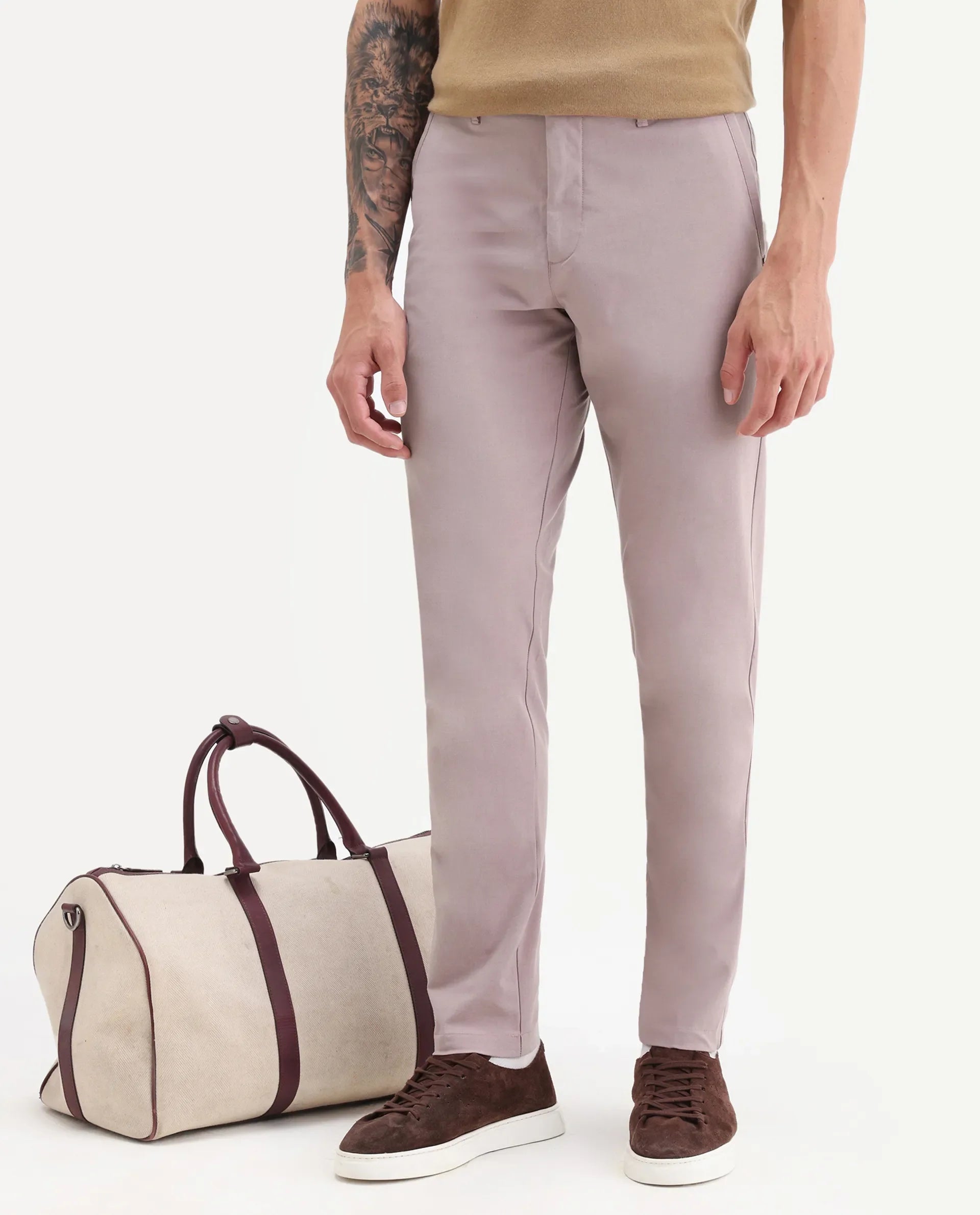 Rare Rabbit Men's Drivers Dusky Pink Polyester Blend Plain Regular Fit Trouser