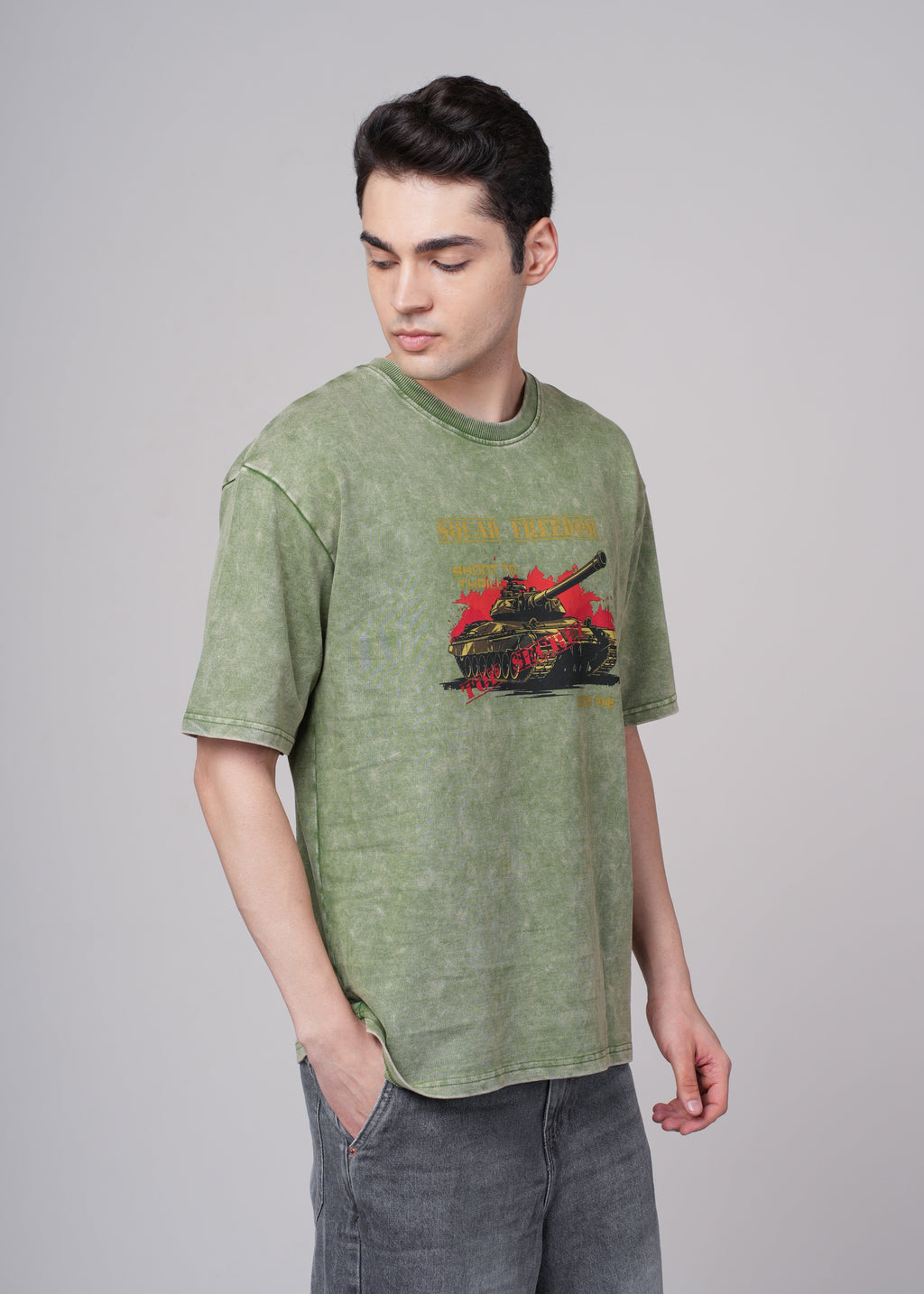 Men Olive Graphic Cotton Oversized T-Shirt