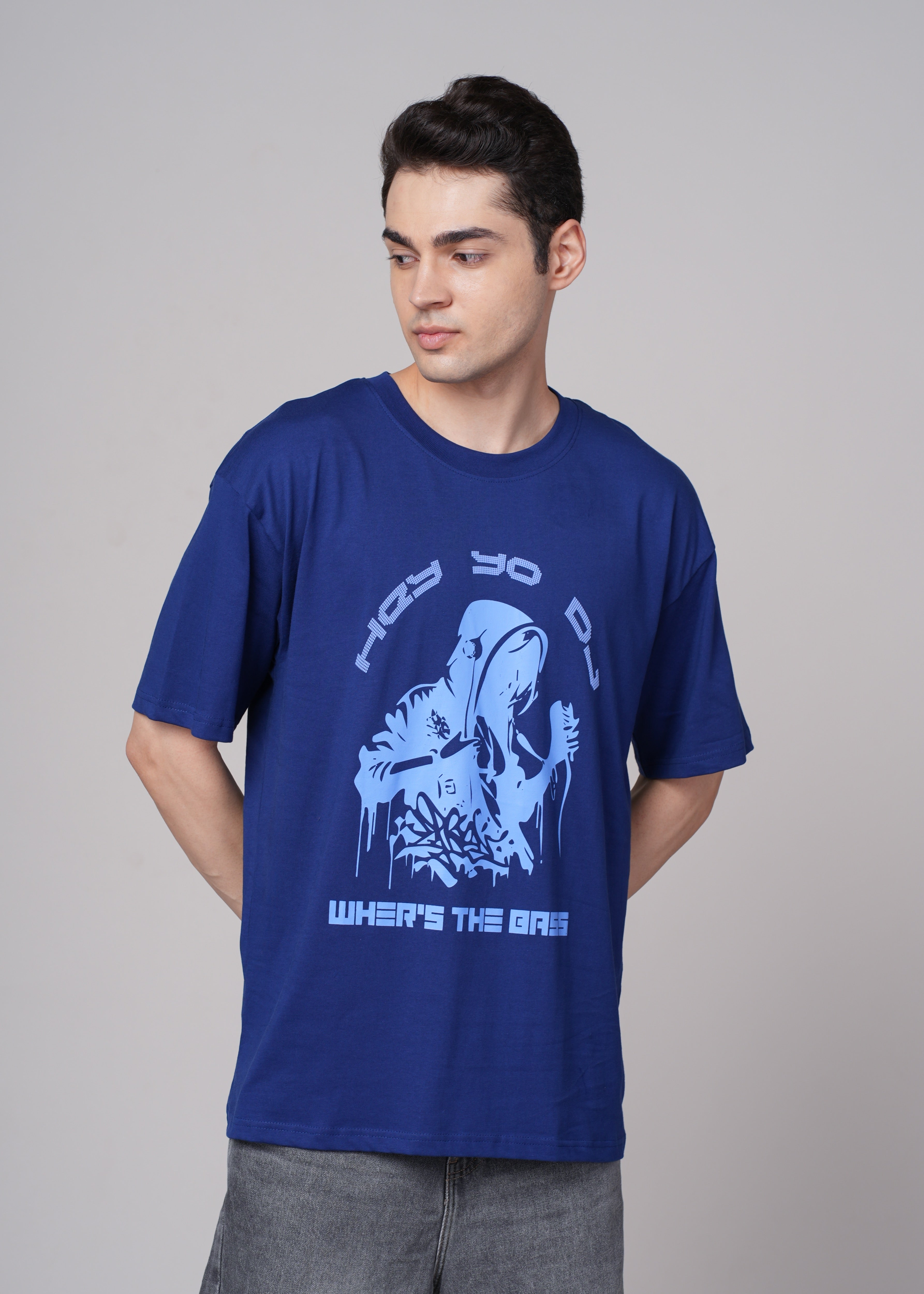 Men Blue Graphic Cotton Oversized T-Shirt
