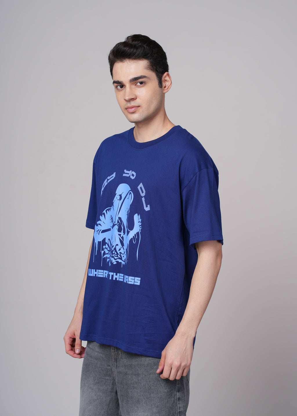 Men Blue Graphic Cotton Oversized T-Shirt