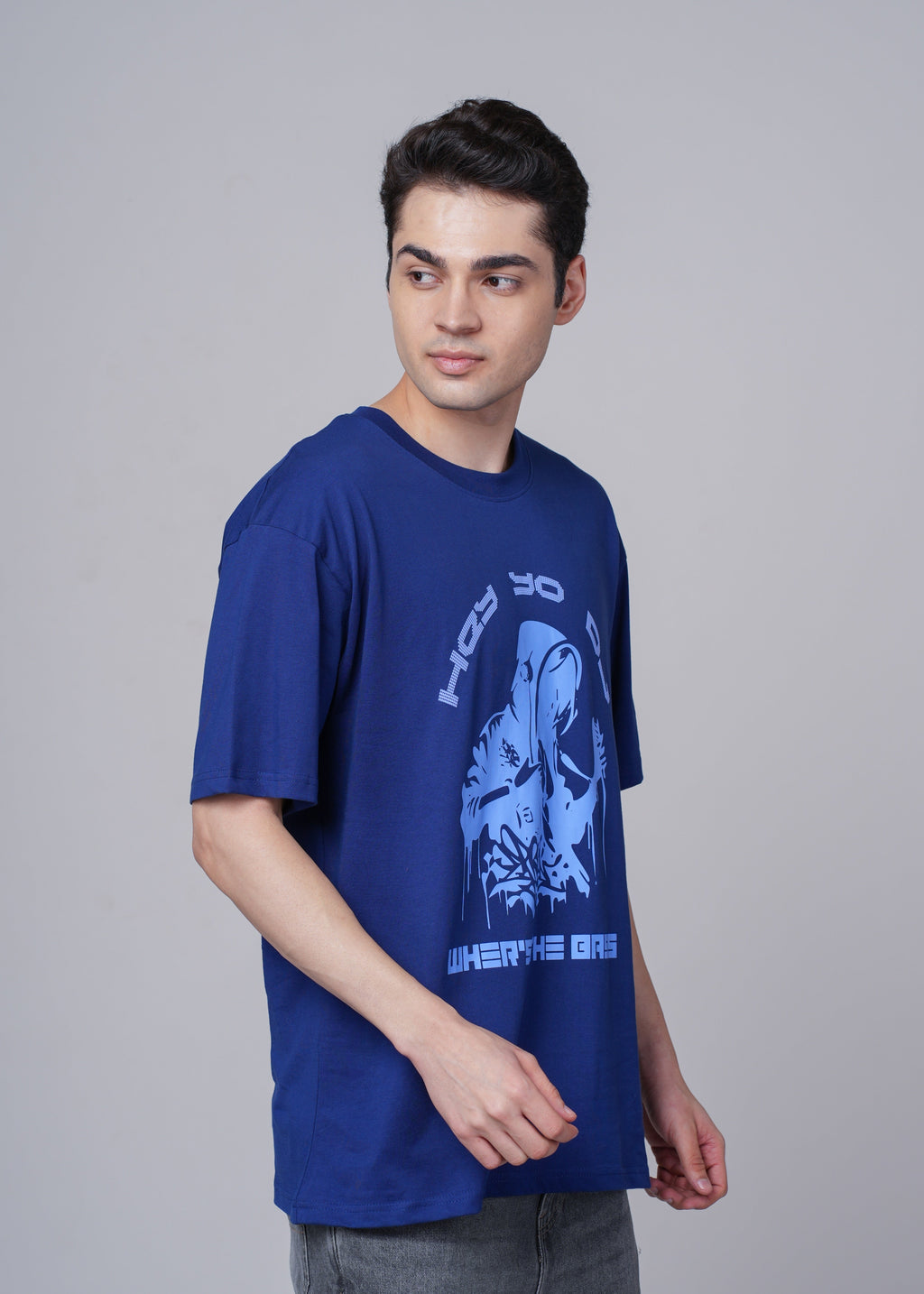 Men Blue Graphic Cotton Oversized T-Shirt