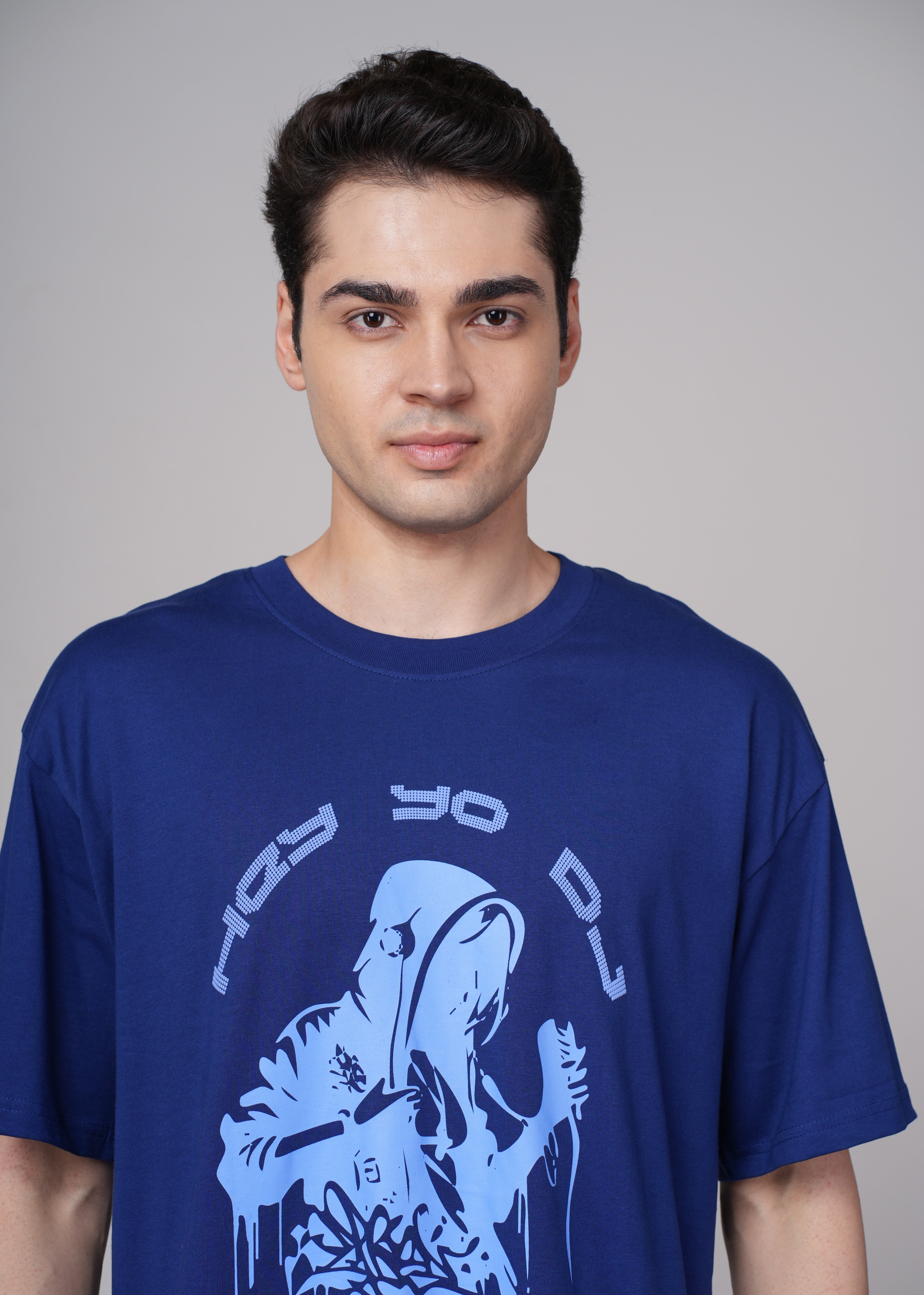 Men Blue Graphic Cotton Oversized T-Shirt
