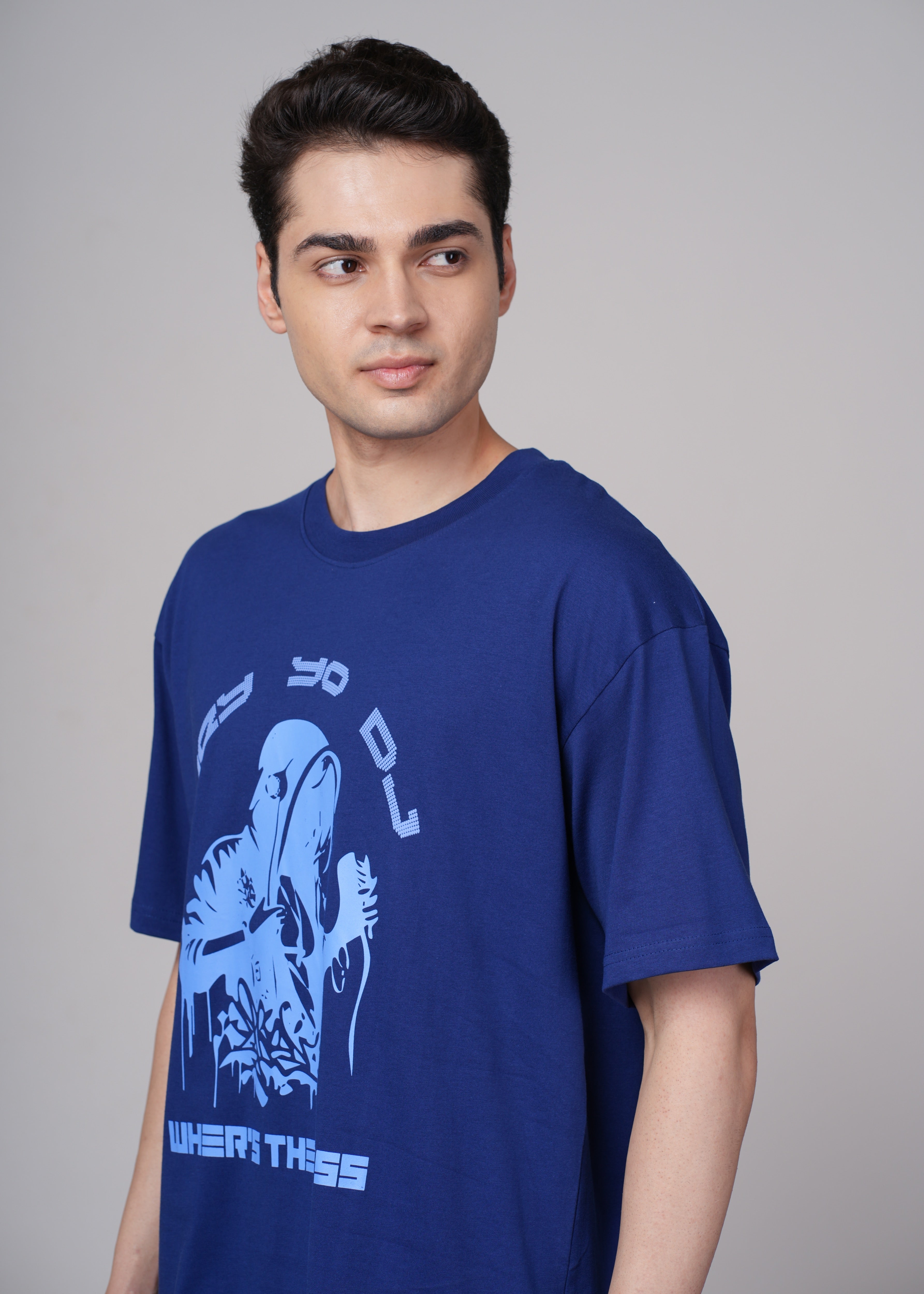 Men Blue Graphic Cotton Oversized T-Shirt