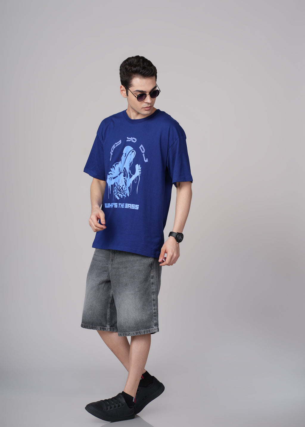 Men Blue Graphic Cotton Oversized T-Shirt