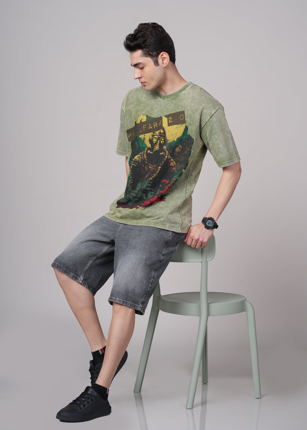 Men Olive Graphic Cotton Oversized T-Shirt
