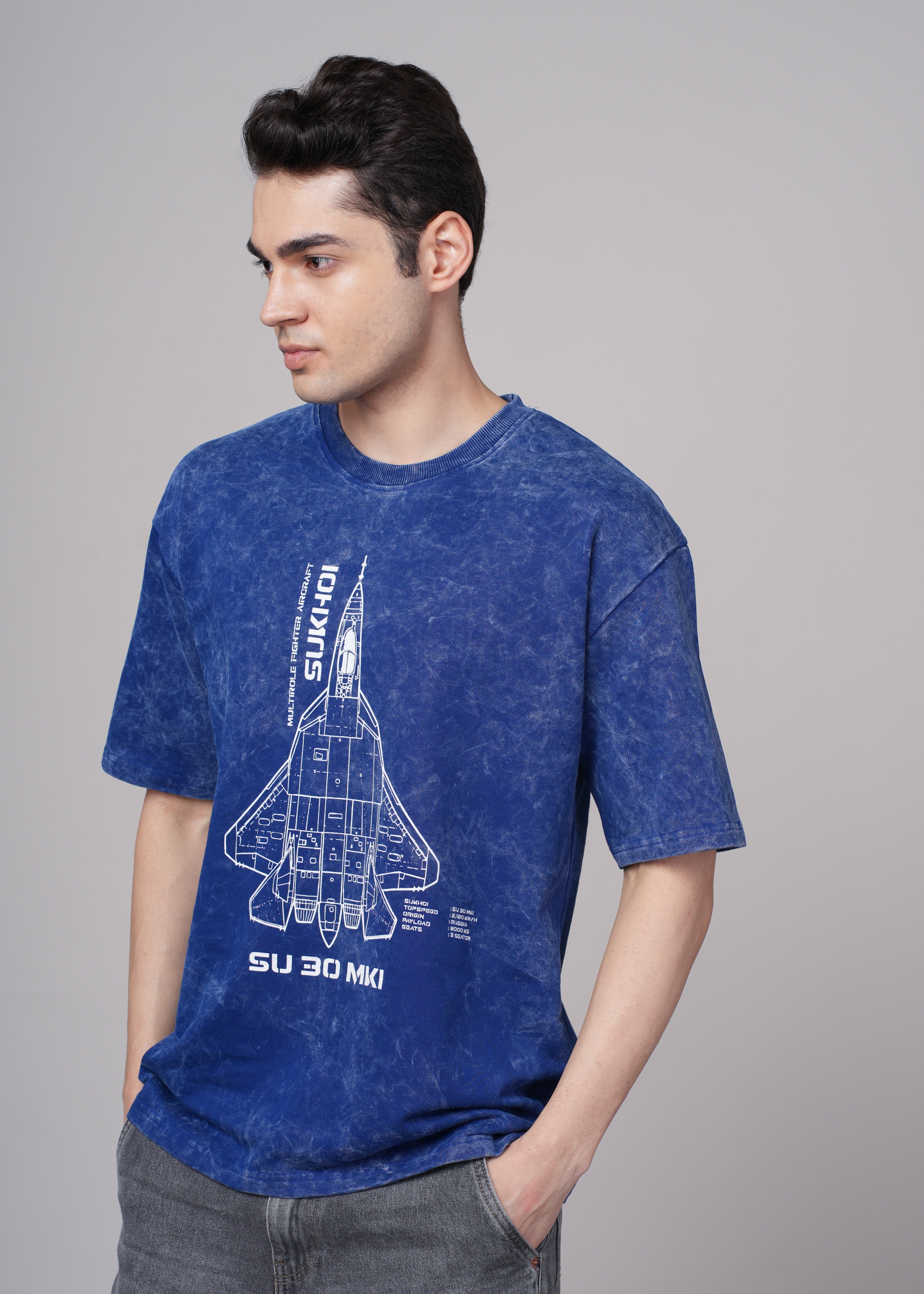 Men Blue Graphic Cotton Oversized T-Shirt