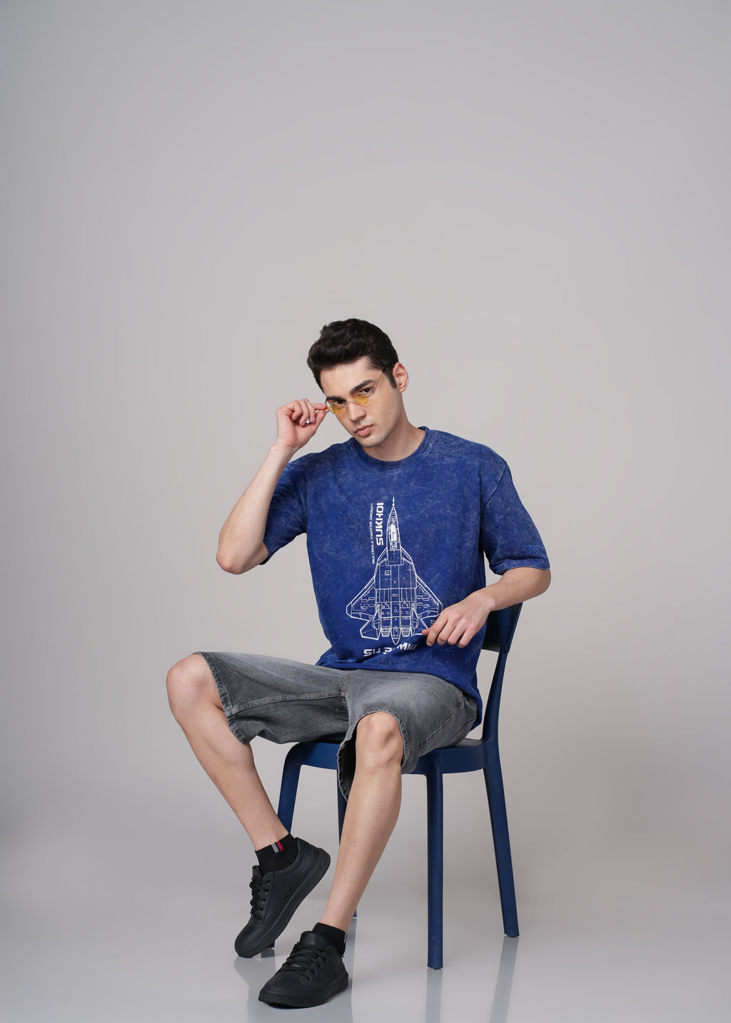 Men Blue Graphic Cotton Oversized T-Shirt