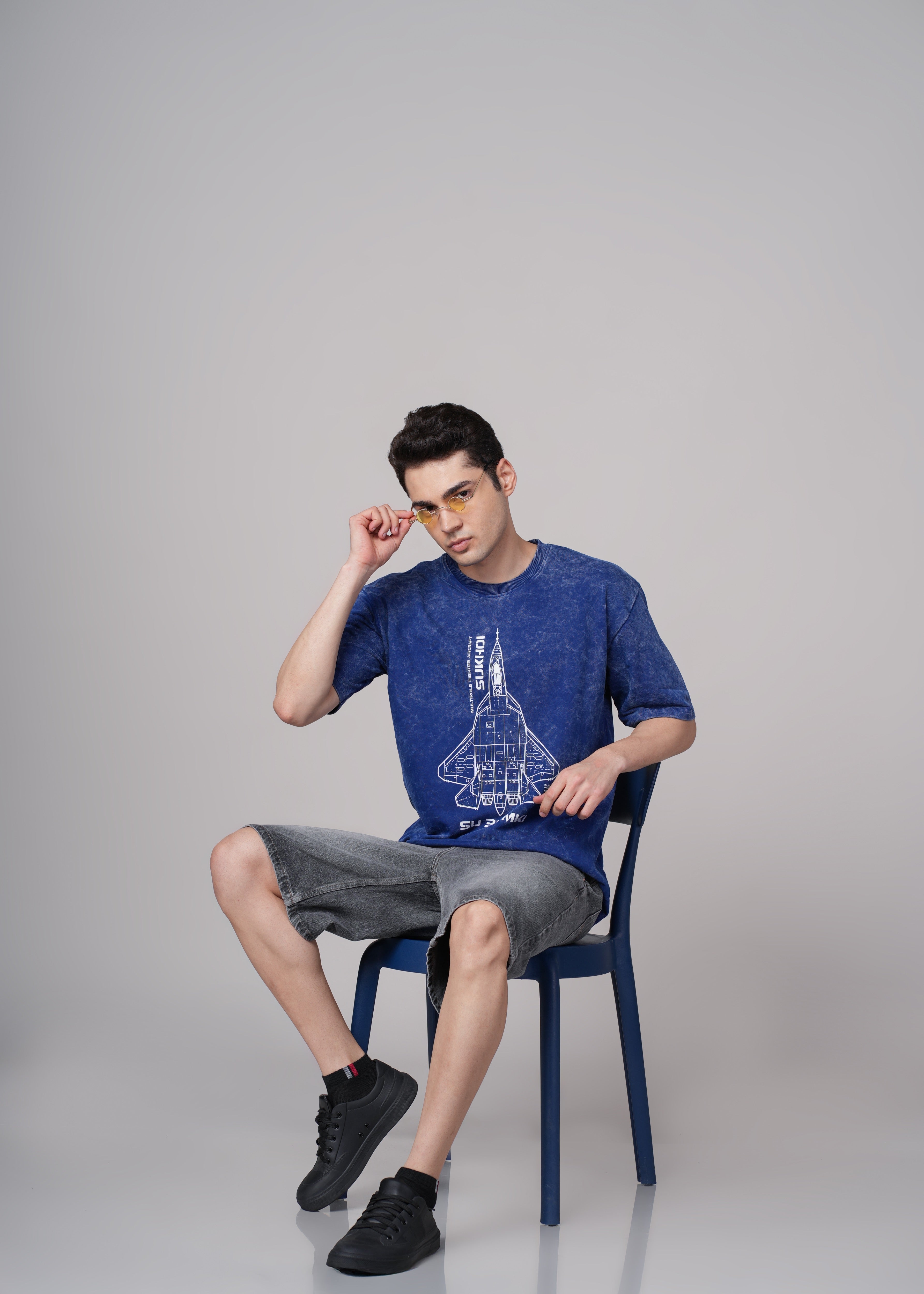 Men Blue Graphic Cotton Oversized T-Shirt