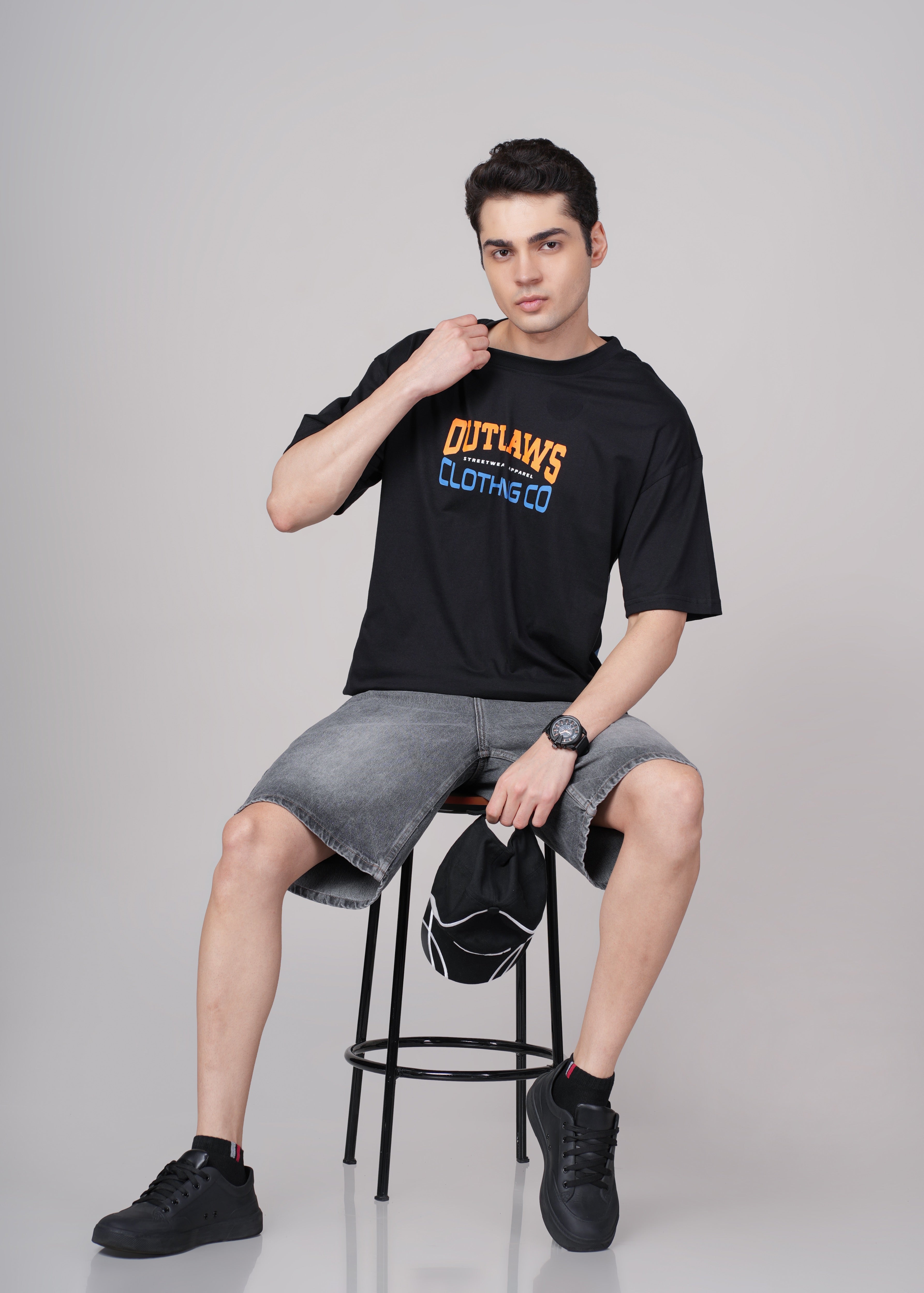 Men Black Printed Cotton Oversized T-Shirt