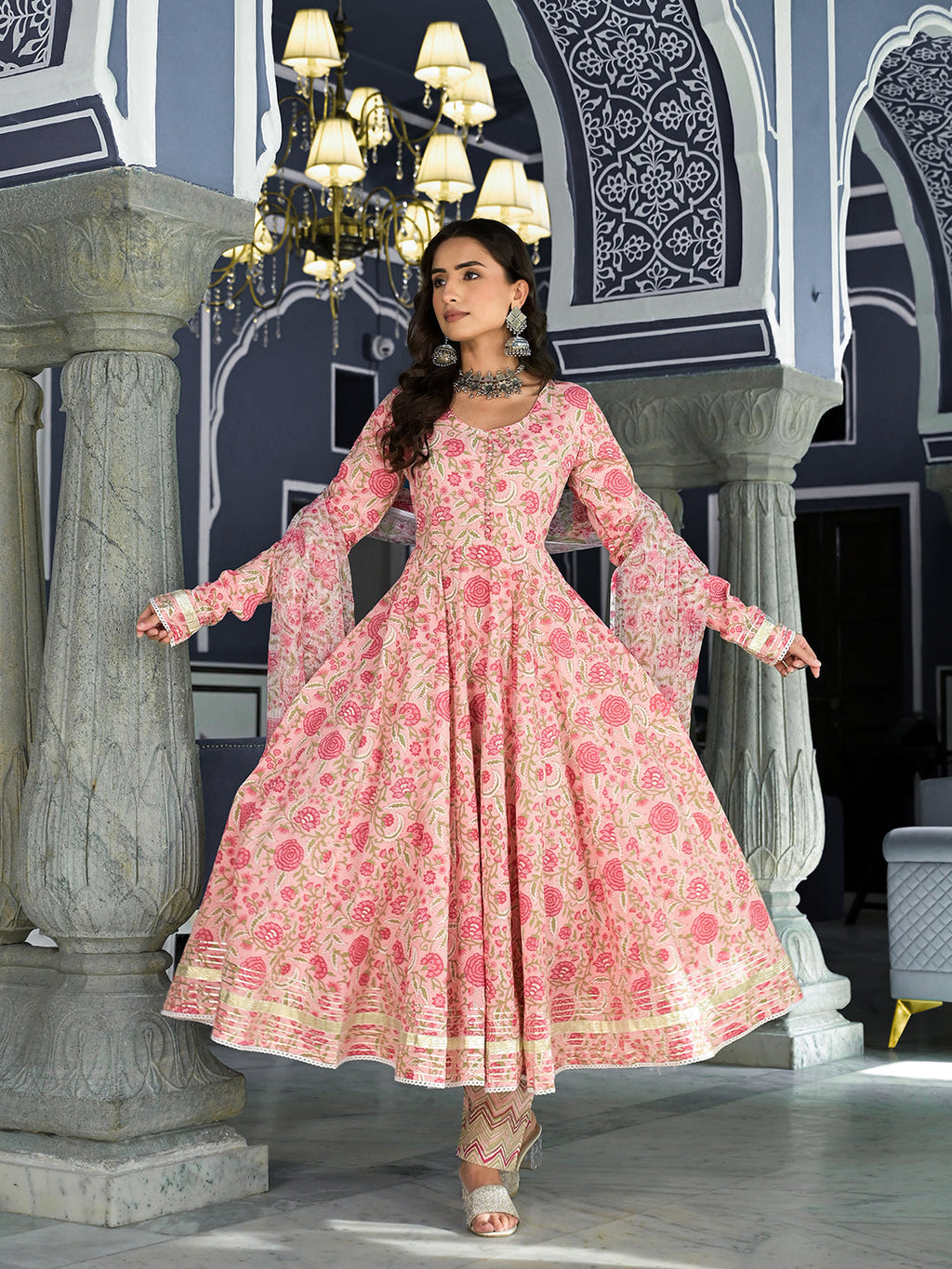 Divena Pink Floral Printed Anarkali Kurta Trouser with Dupatta Set
