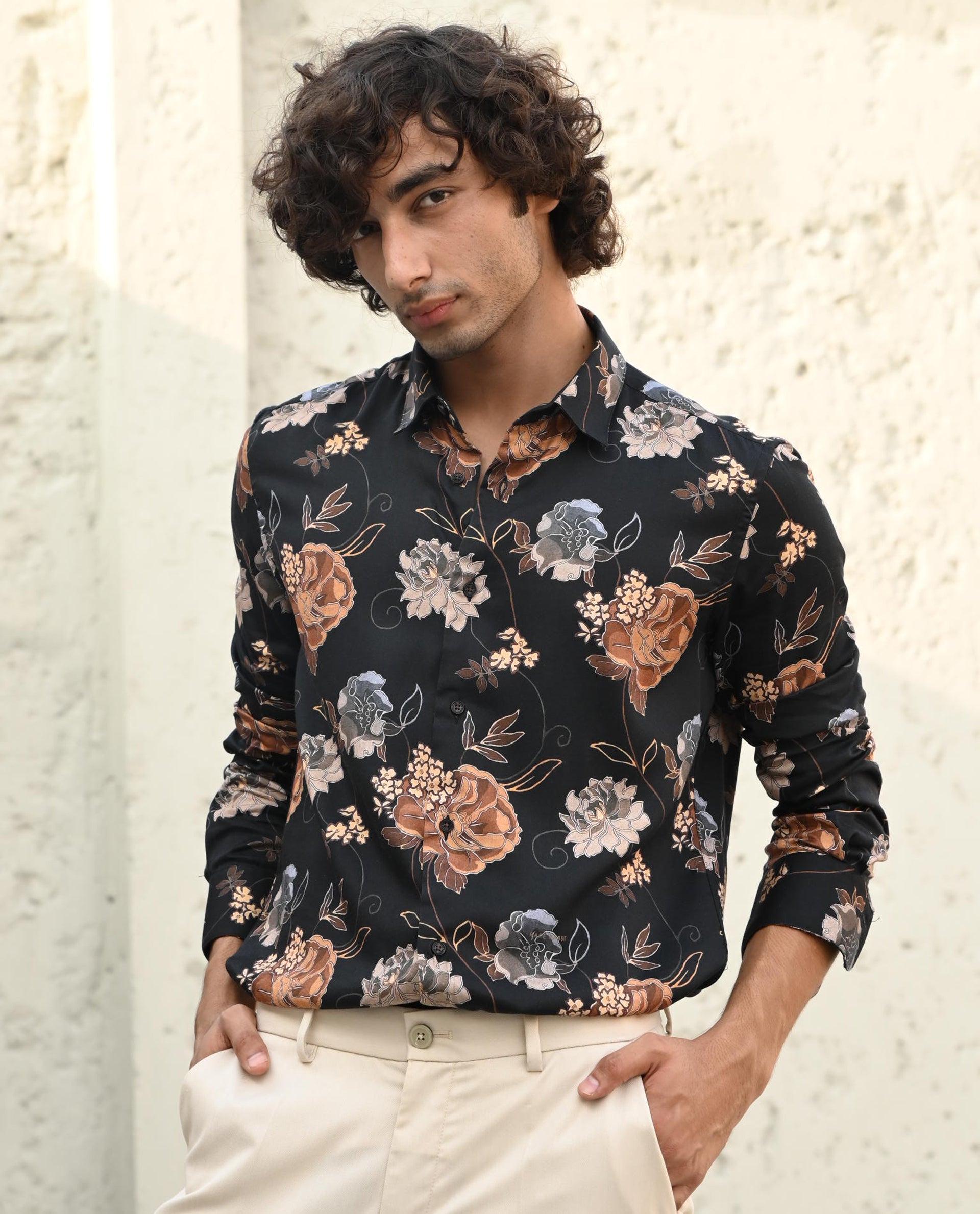 Rare Rabbit Men's Marne Black Cotton Floral Print Regular Fit Full Sleeve Collared Shirt