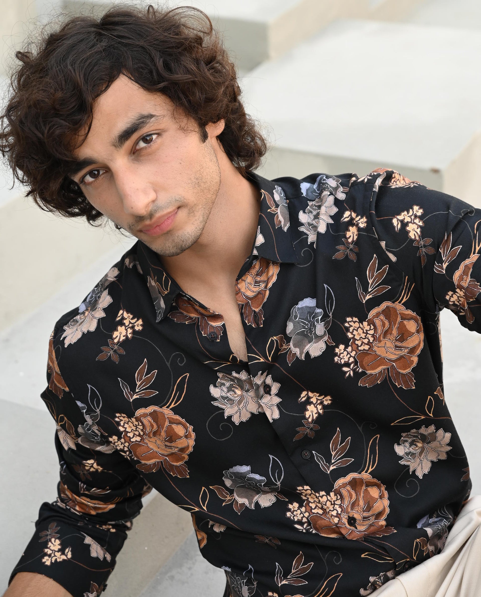 Rare Rabbit Men's Marne Black Cotton Floral Print Regular Fit Full Sleeve Collared Shirt