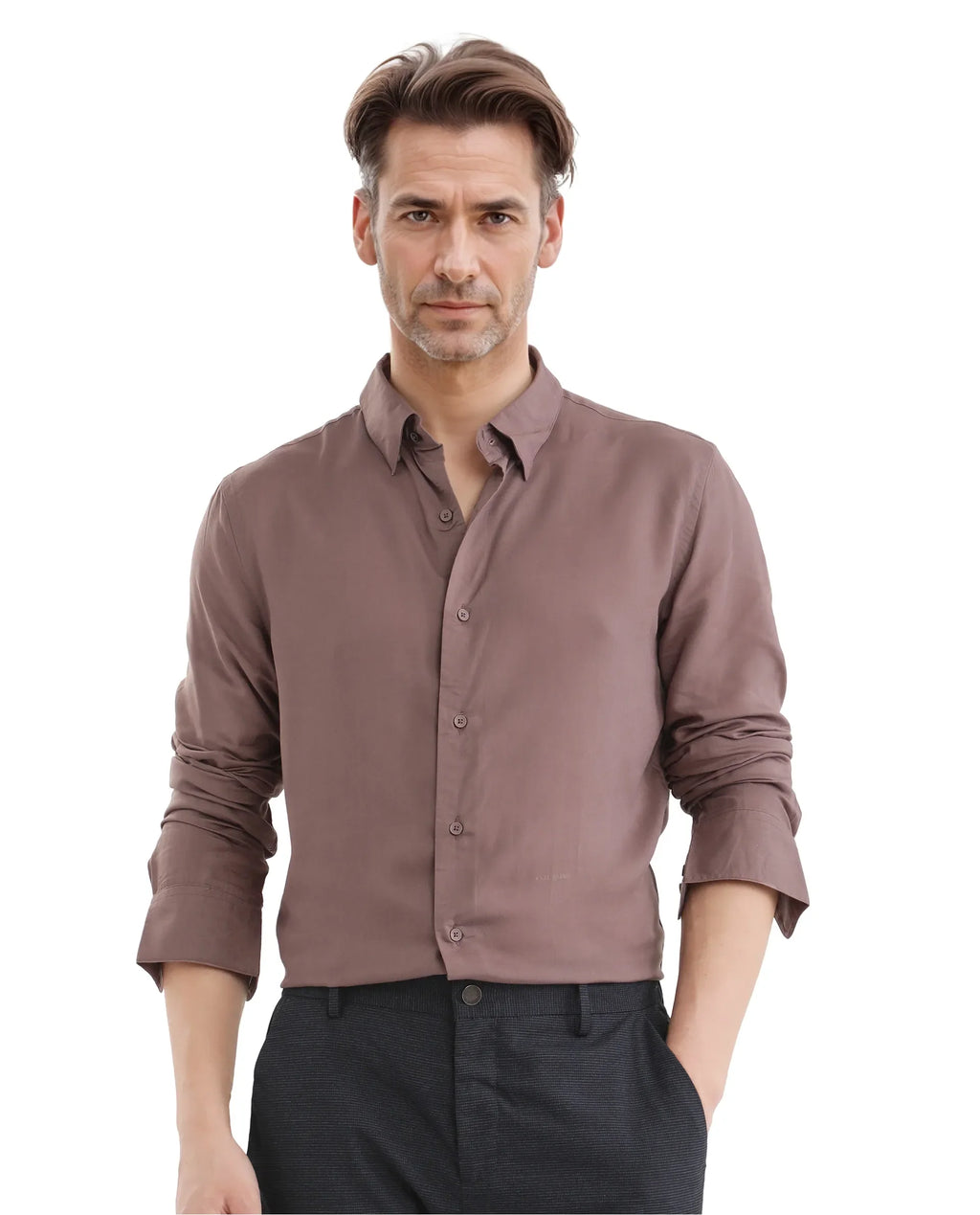 Rare Rabbit Men's Dub Dusky Purple Cotton Plain Regular Fit Full Sleeve Collared Shirt