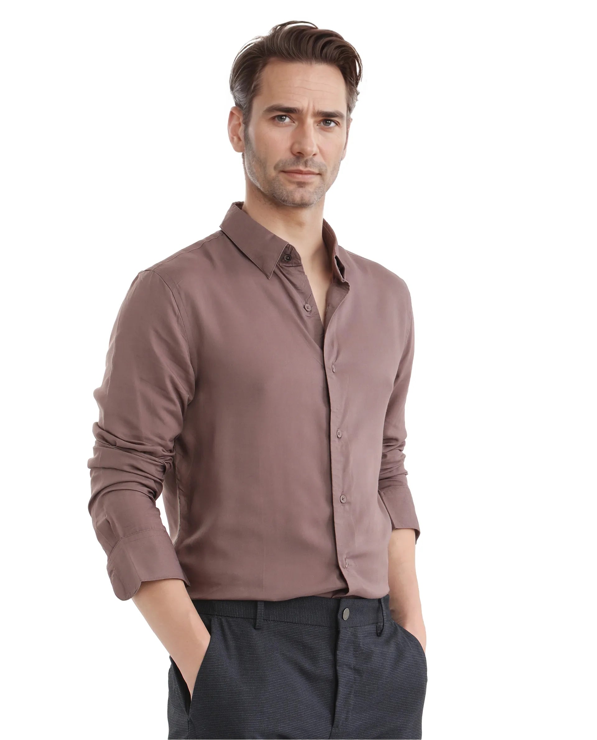 Rare Rabbit Men's Dub Dusky Purple Cotton Plain Regular Fit Full Sleeve Collared Shirt