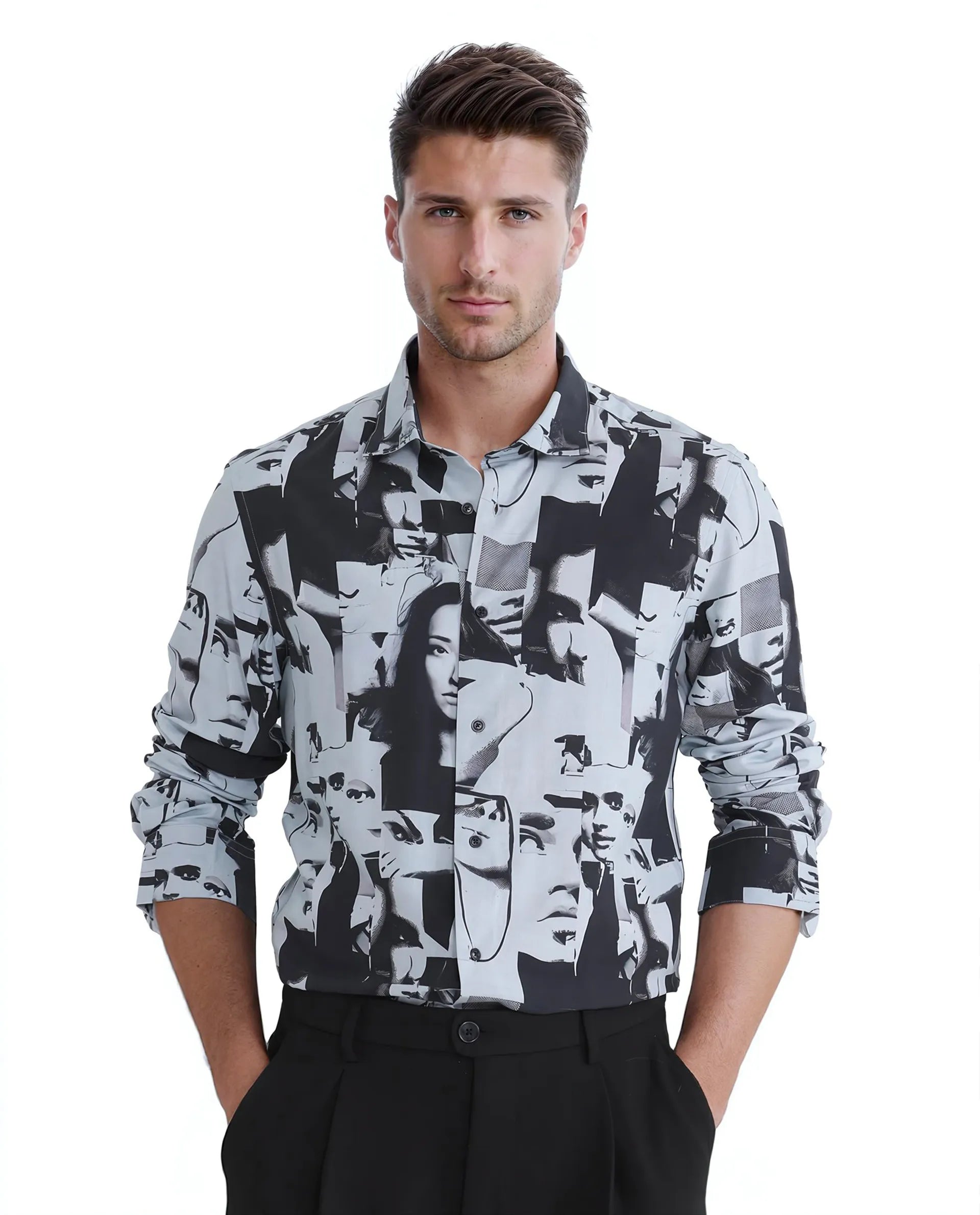 Rare Rabbit Men's Duval Ls Grey Viscose Abstract Print Regular Fit Full Sleeve Collared Shirt