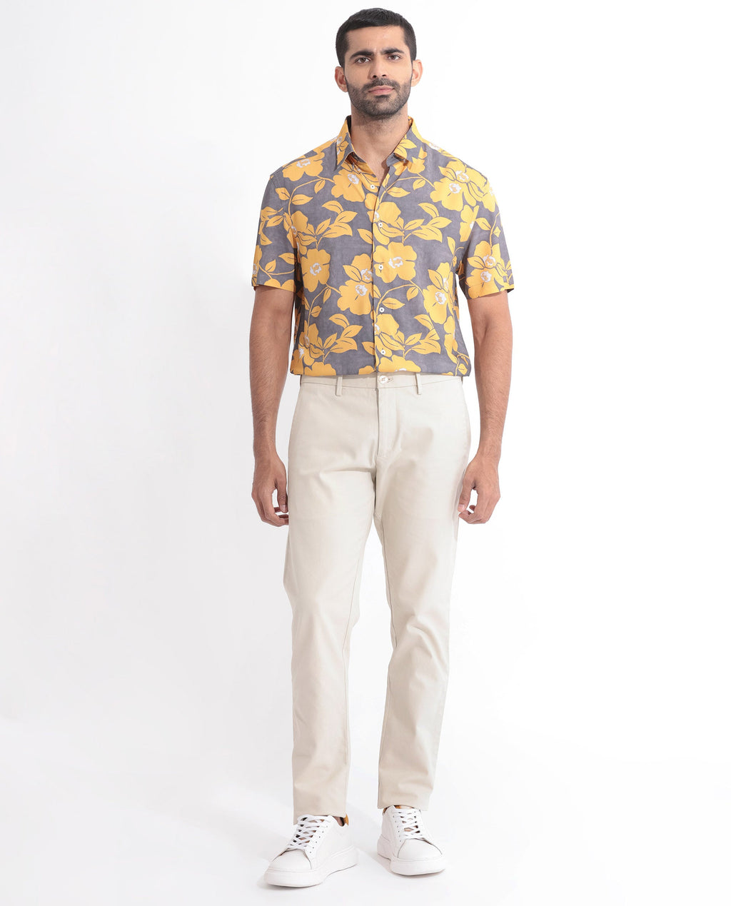 Rare Rabbit Men's Dash Yellow Cotton Floral Print Regular Fit Half Sleeve Collared Shirt