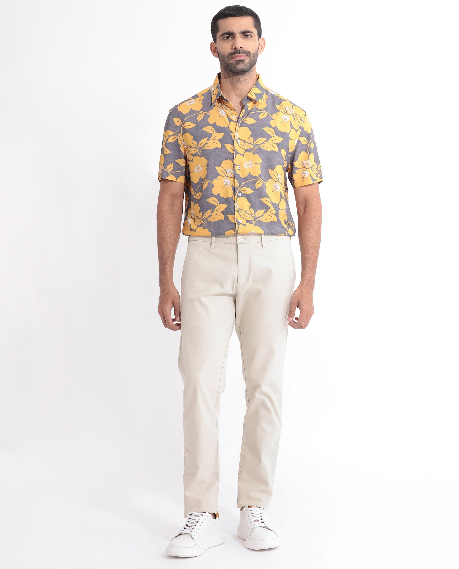 Rare Rabbit Men's Dash Yellow Cotton Floral Print Regular Fit Half Sleeve Collared Shirt