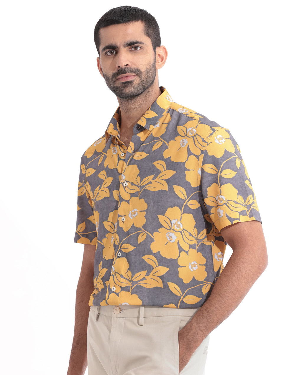 Rare Rabbit Men's Dash Yellow Cotton Floral Print Regular Fit Half Sleeve Collared Shirt