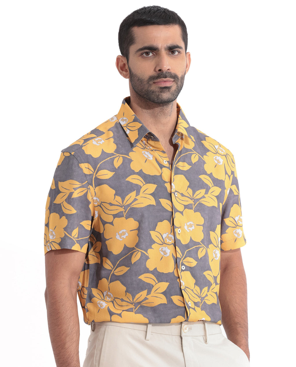 Rare Rabbit Men's Dash Yellow Cotton Floral Print Regular Fit Half Sleeve Collared Shirt