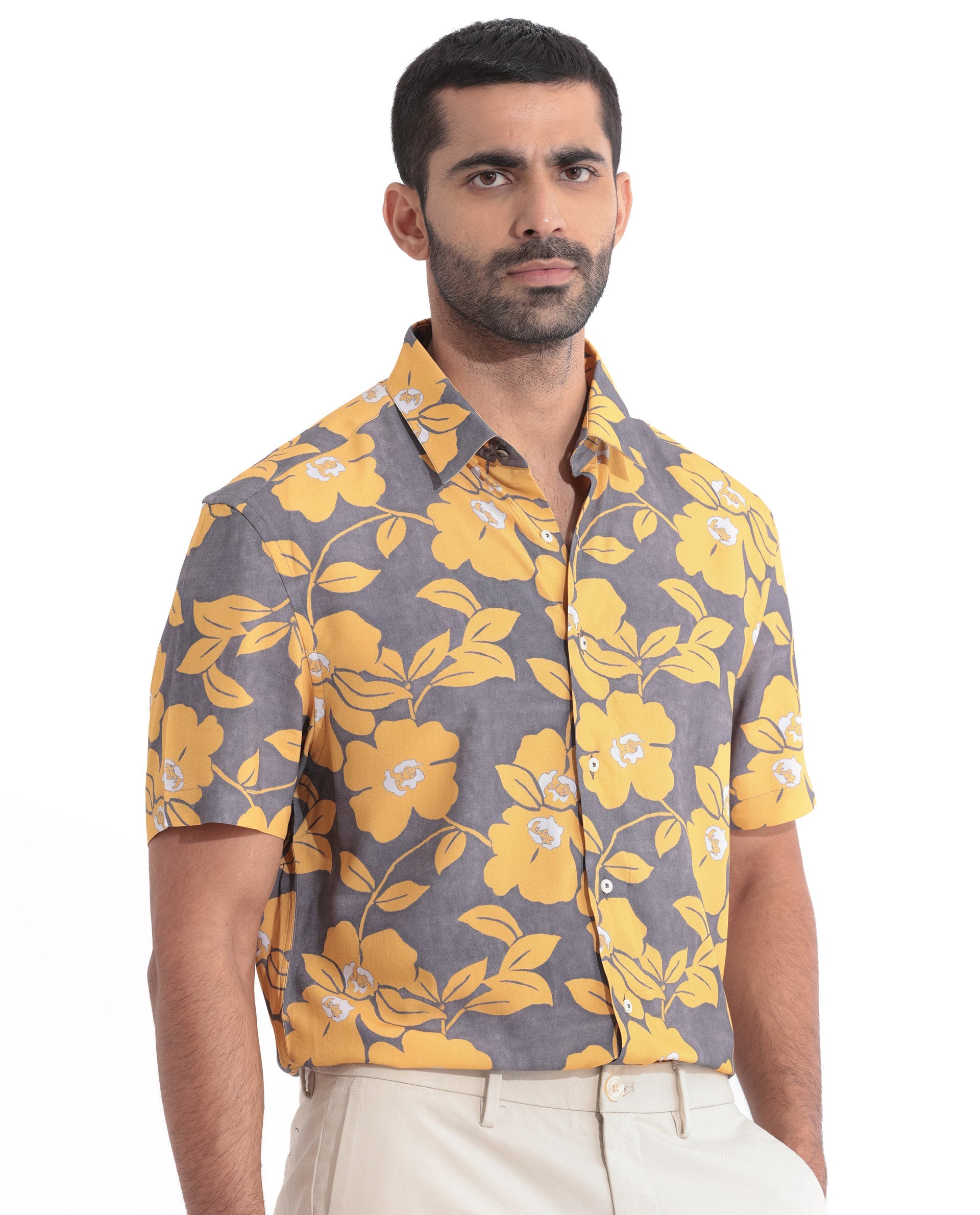 Rare Rabbit Men's Dash Yellow Cotton Floral Print Regular Fit Half Sleeve Collared Shirt