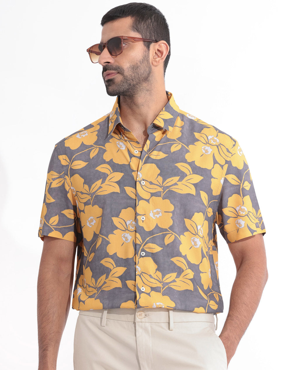Rare Rabbit Men's Dash Yellow Cotton Floral Print Regular Fit Half Sleeve Collared Shirt