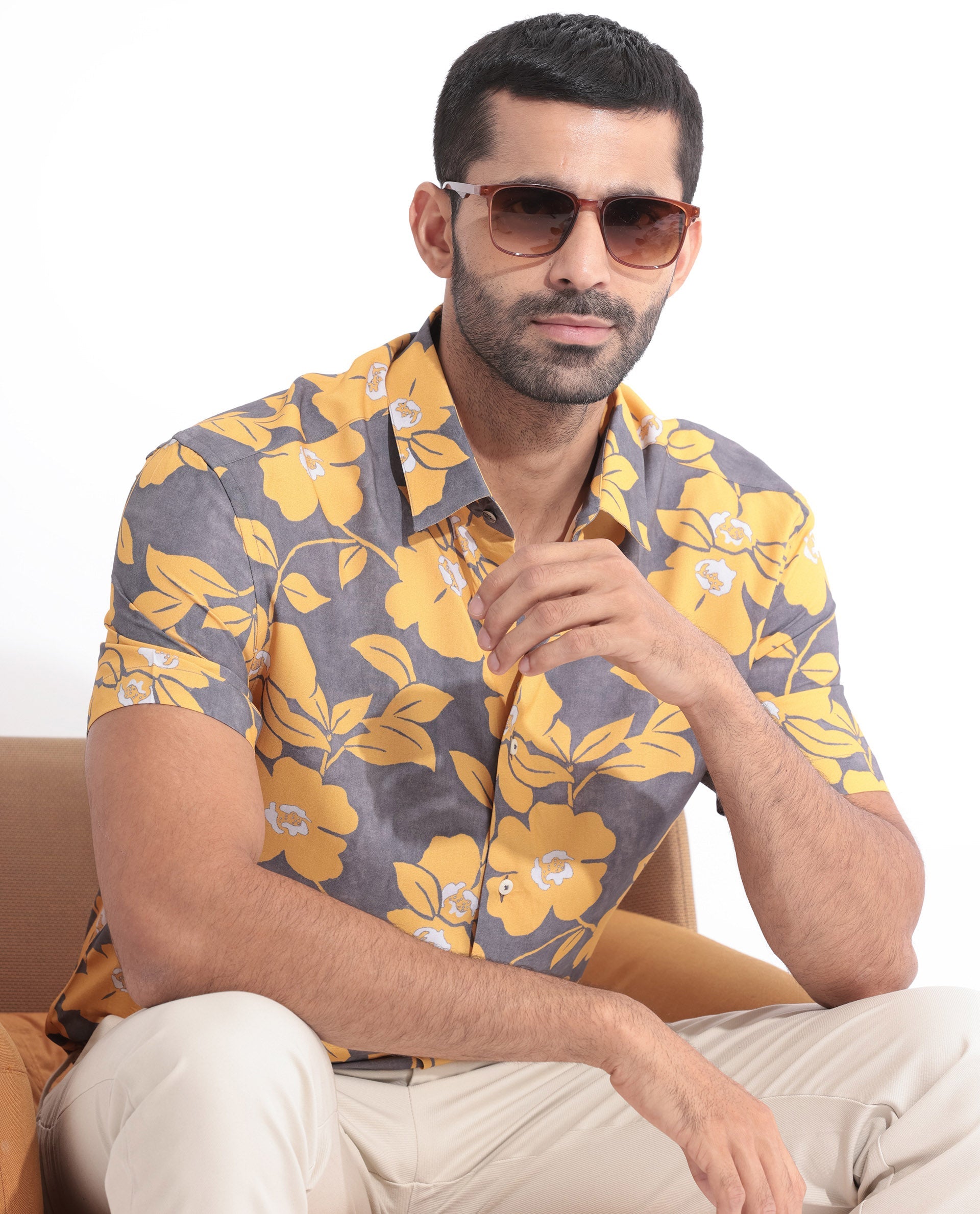 Rare Rabbit Men's Dash Yellow Cotton Floral Print Regular Fit Half Sleeve Collared Shirt