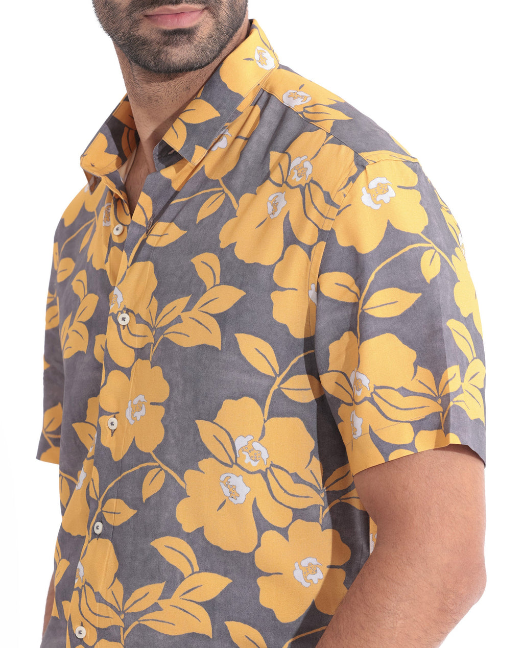 Rare Rabbit Men's Dash Yellow Cotton Floral Print Regular Fit Half Sleeve Collared Shirt