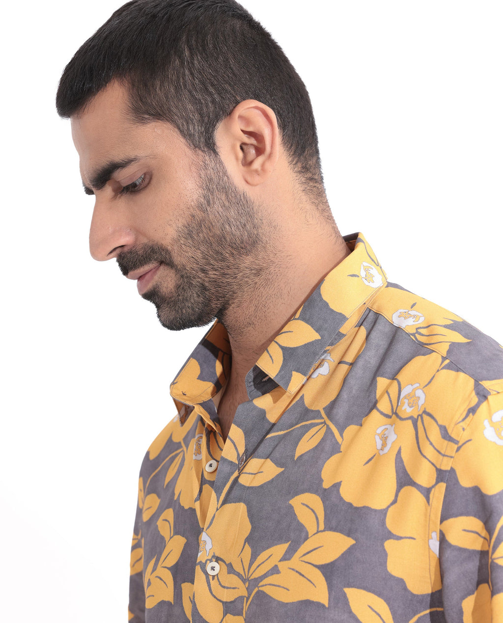 Rare Rabbit Men's Dash Yellow Cotton Floral Print Regular Fit Half Sleeve Collared Shirt