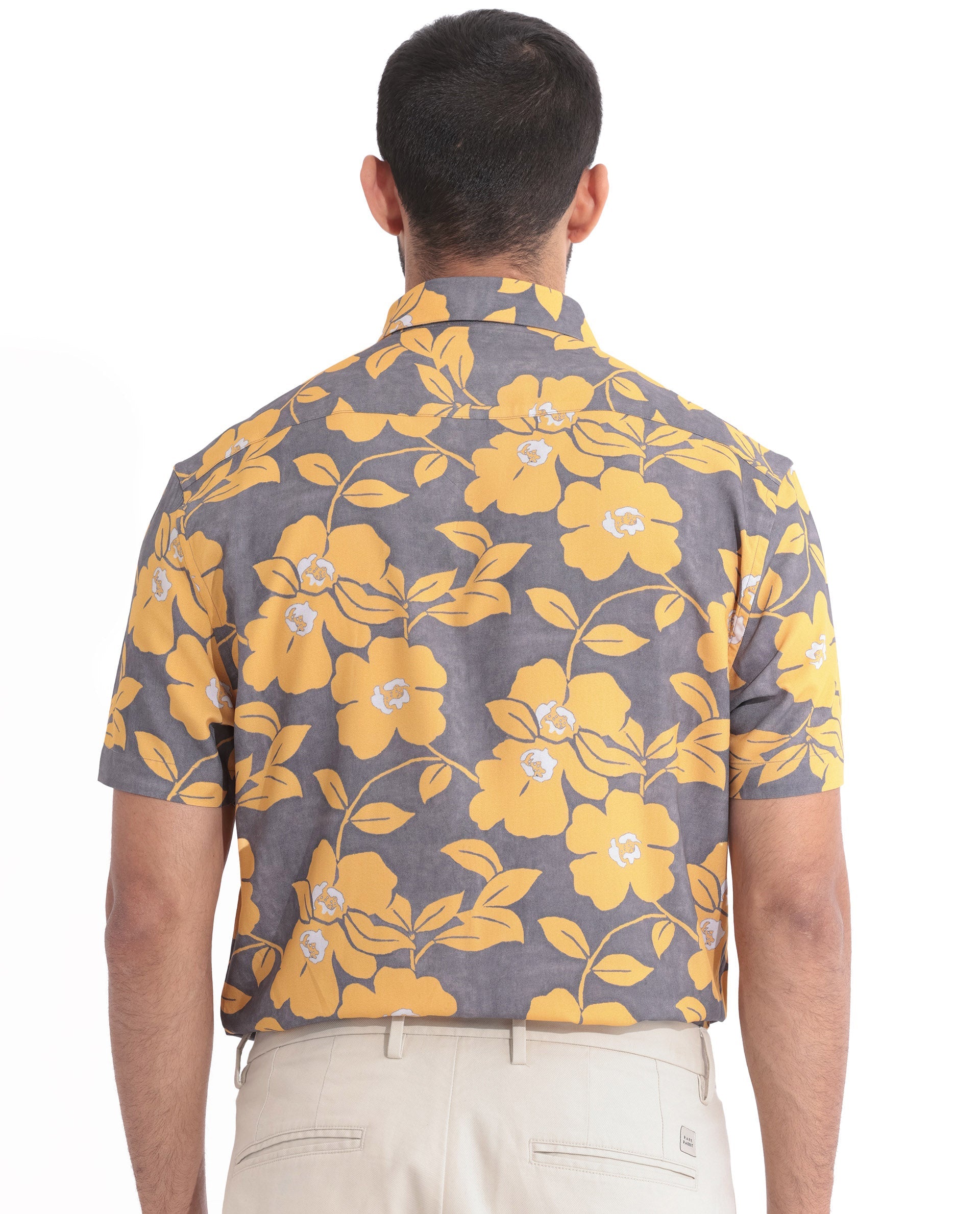 Rare Rabbit Men's Dash Yellow Cotton Floral Print Regular Fit Half Sleeve Collared Shirt
