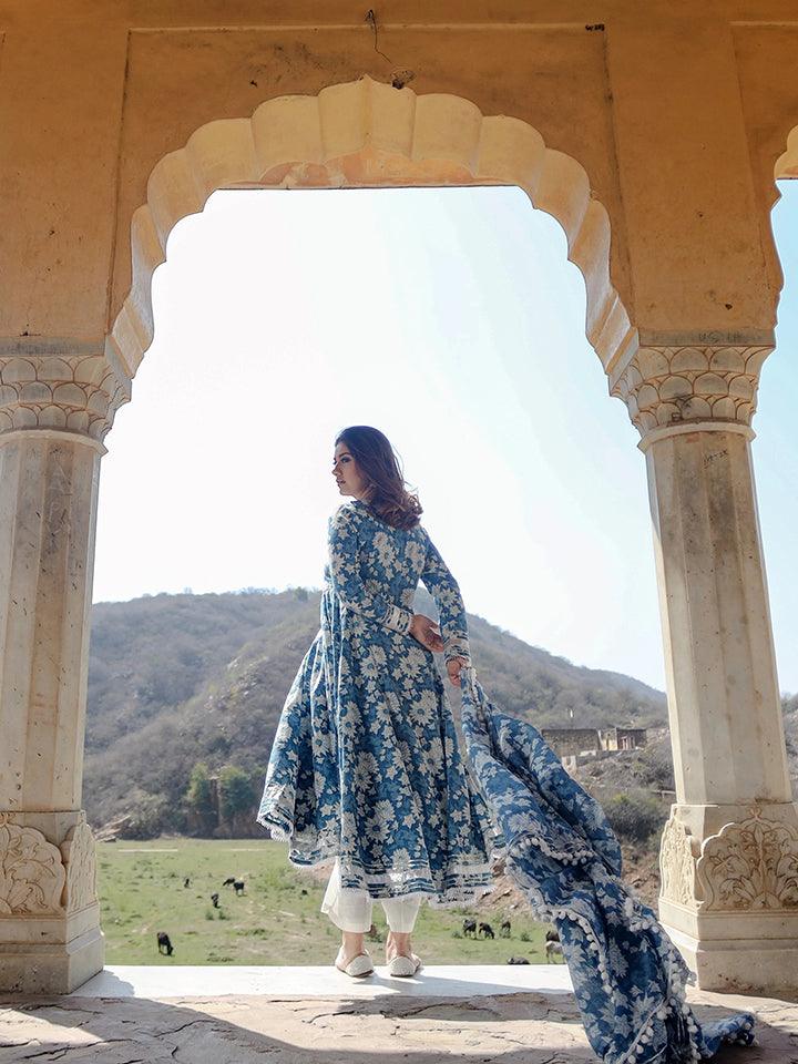 Divena Indigo Blue Cotton Anarkali Kurta Pant Set With Dupatta