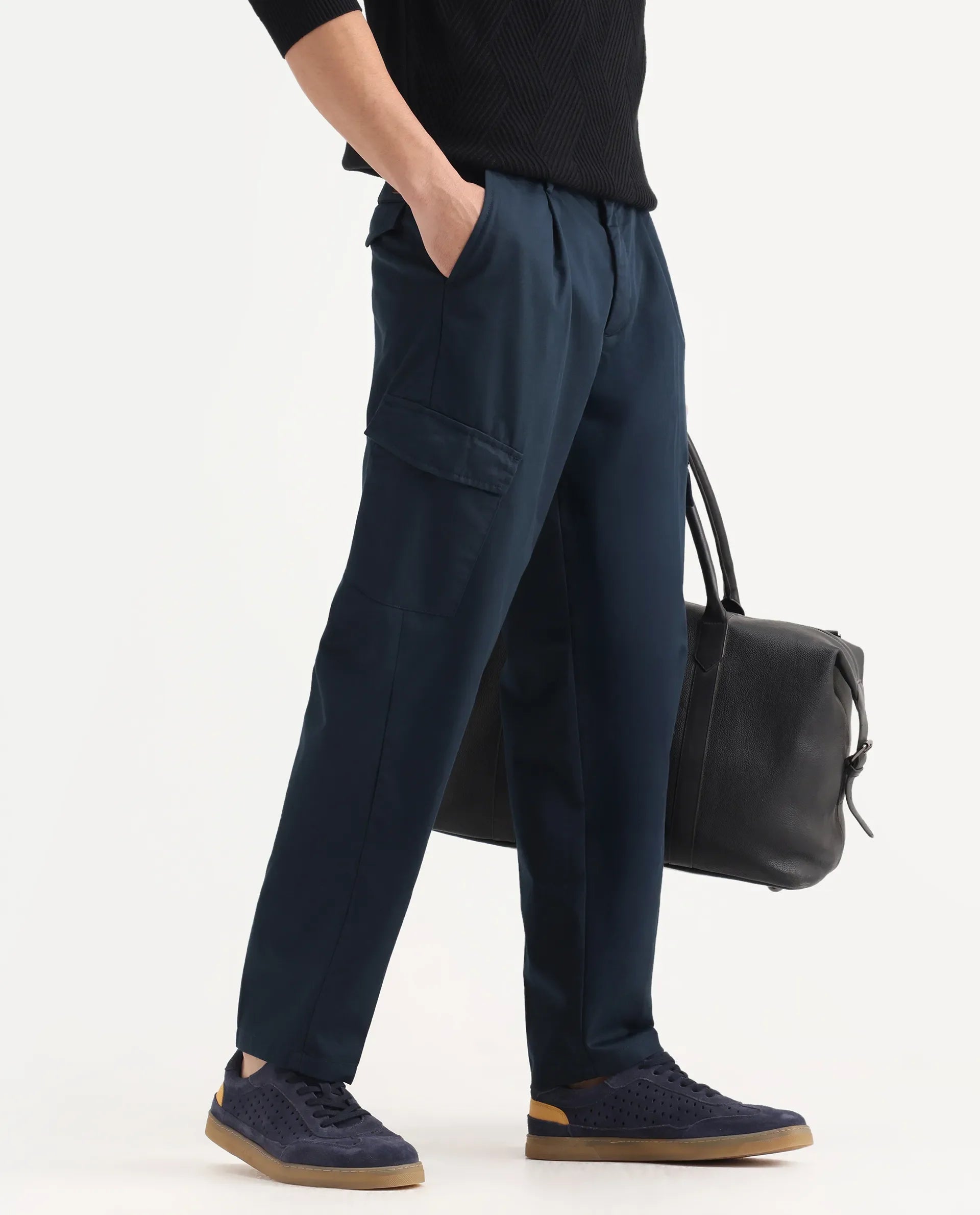Rare Rabbit Men's Eber Navy Cotton Plain Regular Fit Trouser