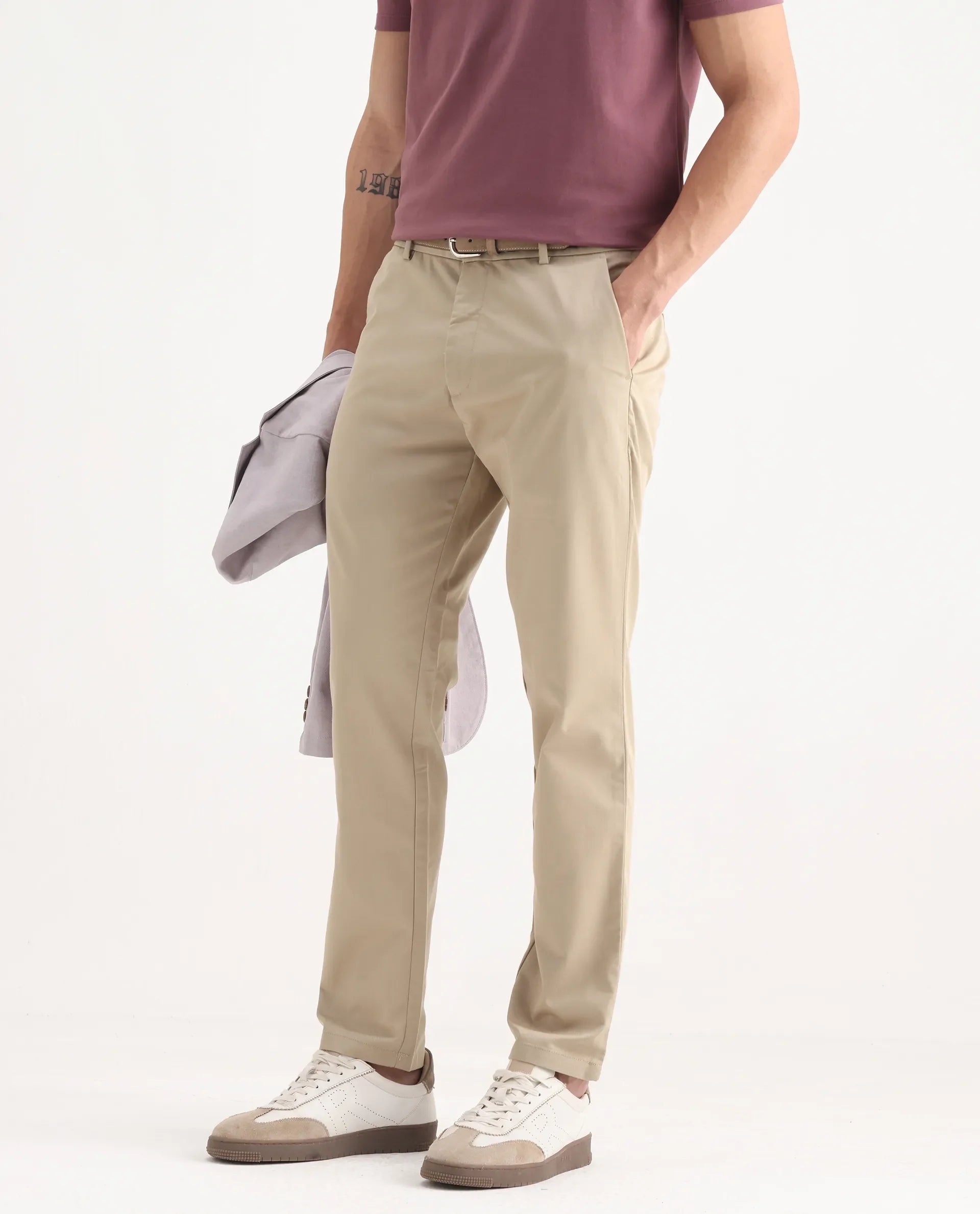 Rare Rabbit Men's Ebert Beige Cotton Plain Regular Fit Trouser