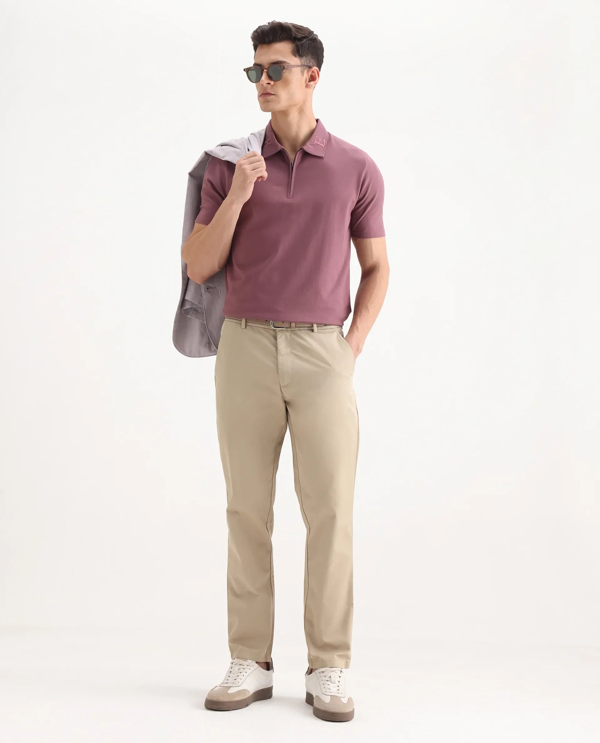 Rare Rabbit Men's Ebert Beige Cotton Plain Regular Fit Trouser