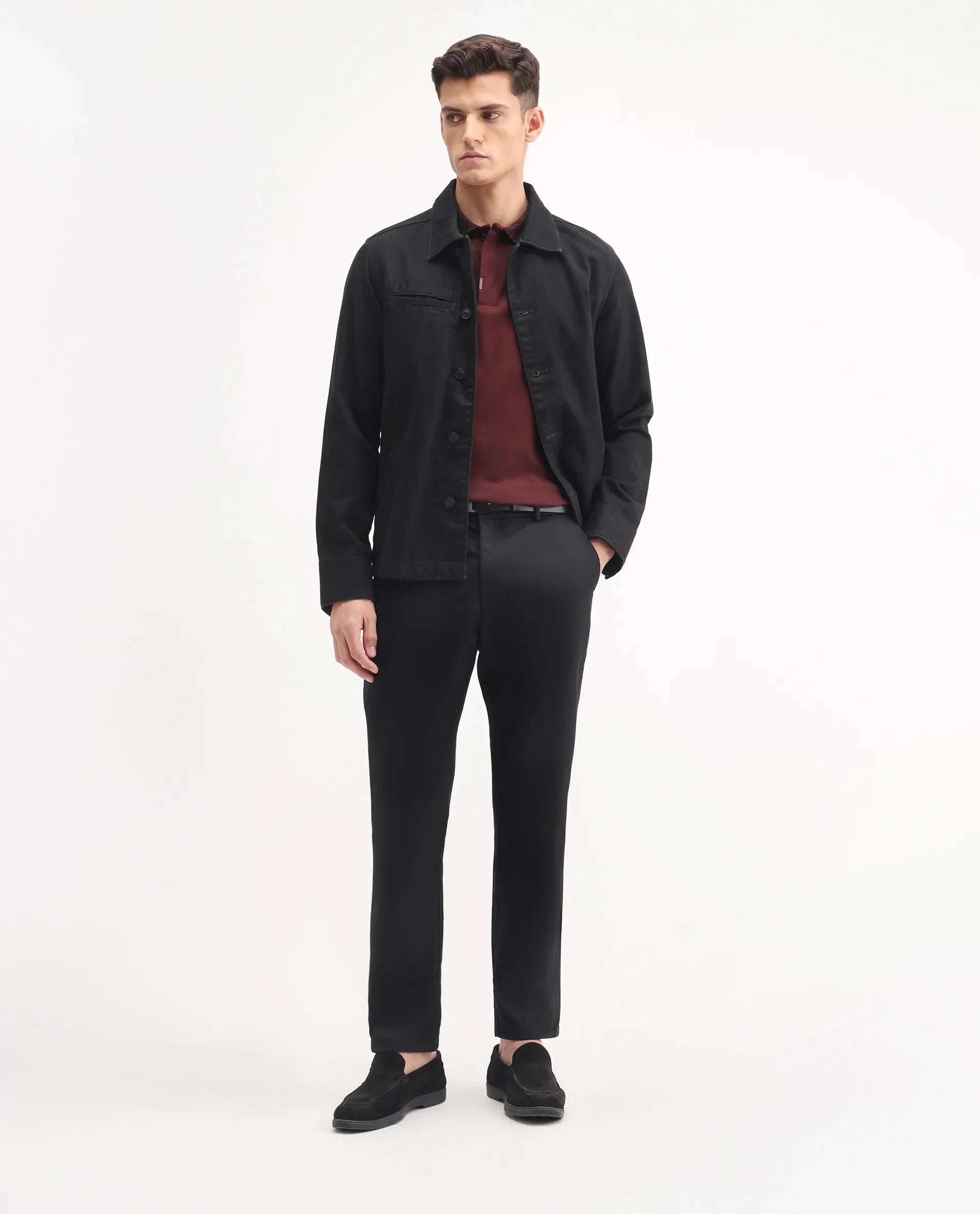 Rare Rabbit Men's Ebert Black Cotton Plain Regular Fit Trouser