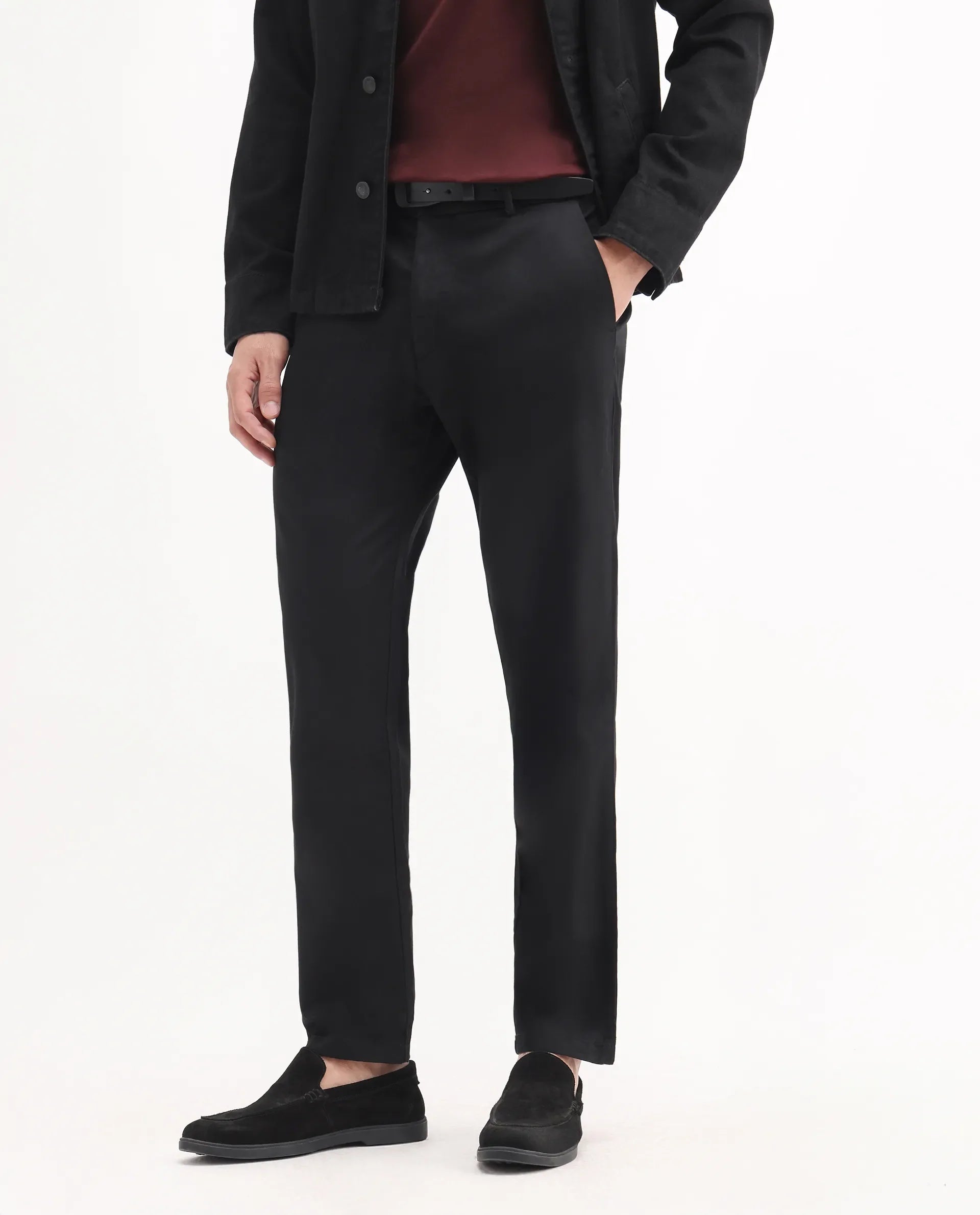 Rare Rabbit Men's Ebert Black Cotton Plain Regular Fit Trouser